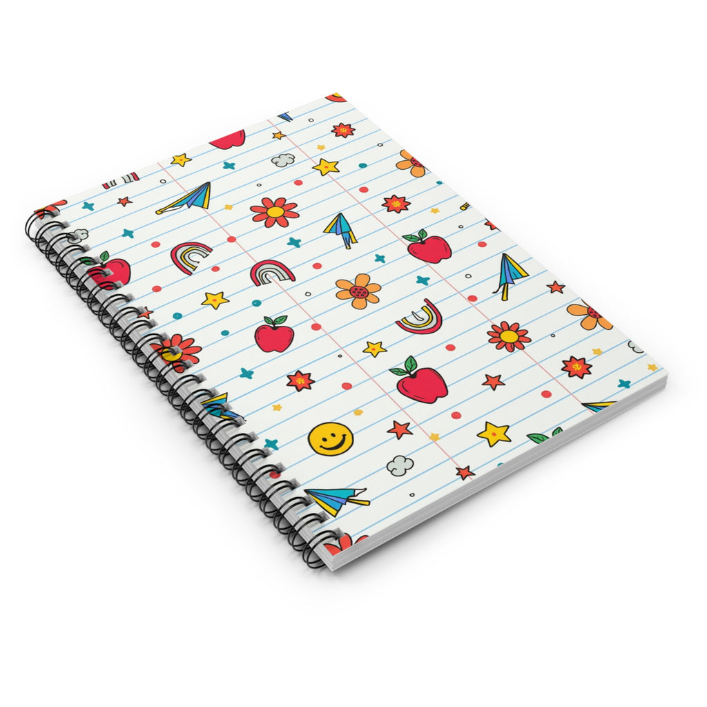 Cute Doodle Spiral Notebook — Lined School Journal with Apples, Rainbows & Paper Planes