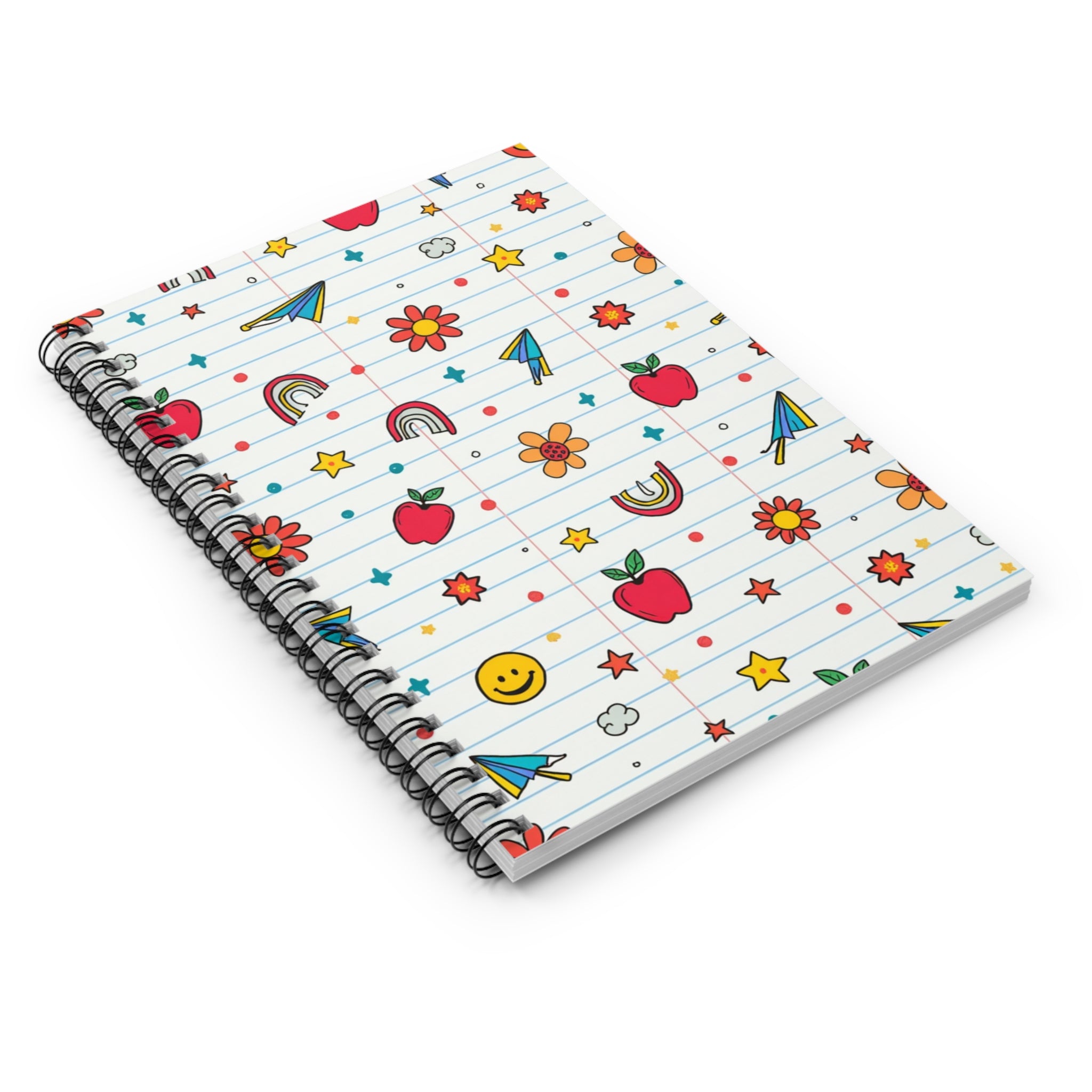 Cute Doodle Spiral Notebook — Lined School Journal with Apples, Rainbows & Paper Planes