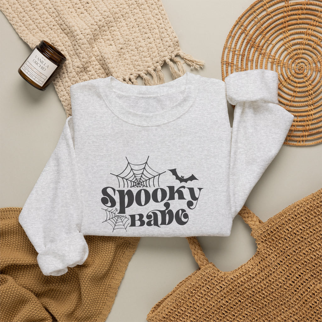 Spooky Babe Crewneck Sweatshirt — Halloween Spiderweb & Bat Graphic