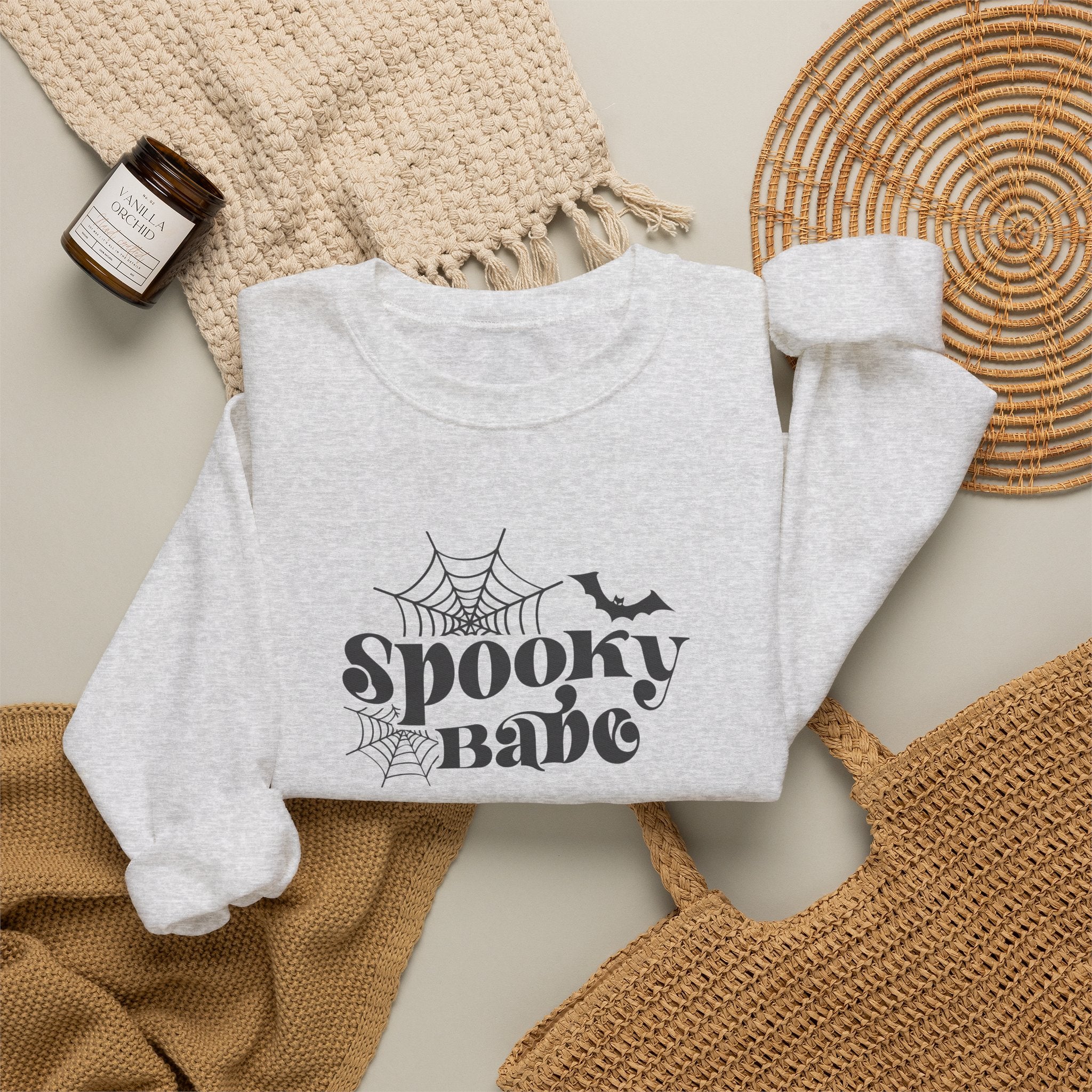 Spooky Babe Crewneck Sweatshirt — Halloween Spiderweb & Bat Graphic
