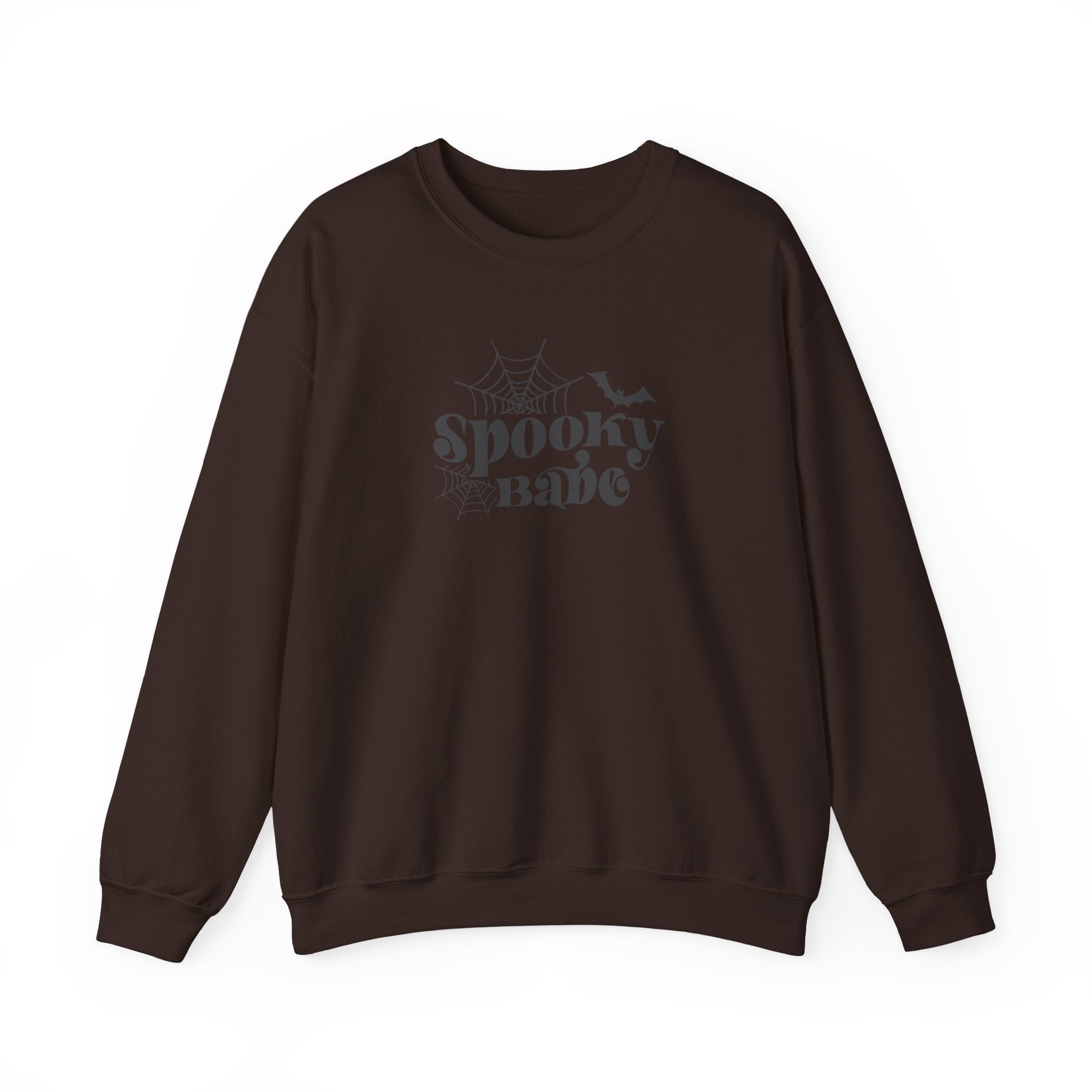 Spooky Babe Crewneck Sweatshirt — Halloween Spiderweb & Bat Graphic