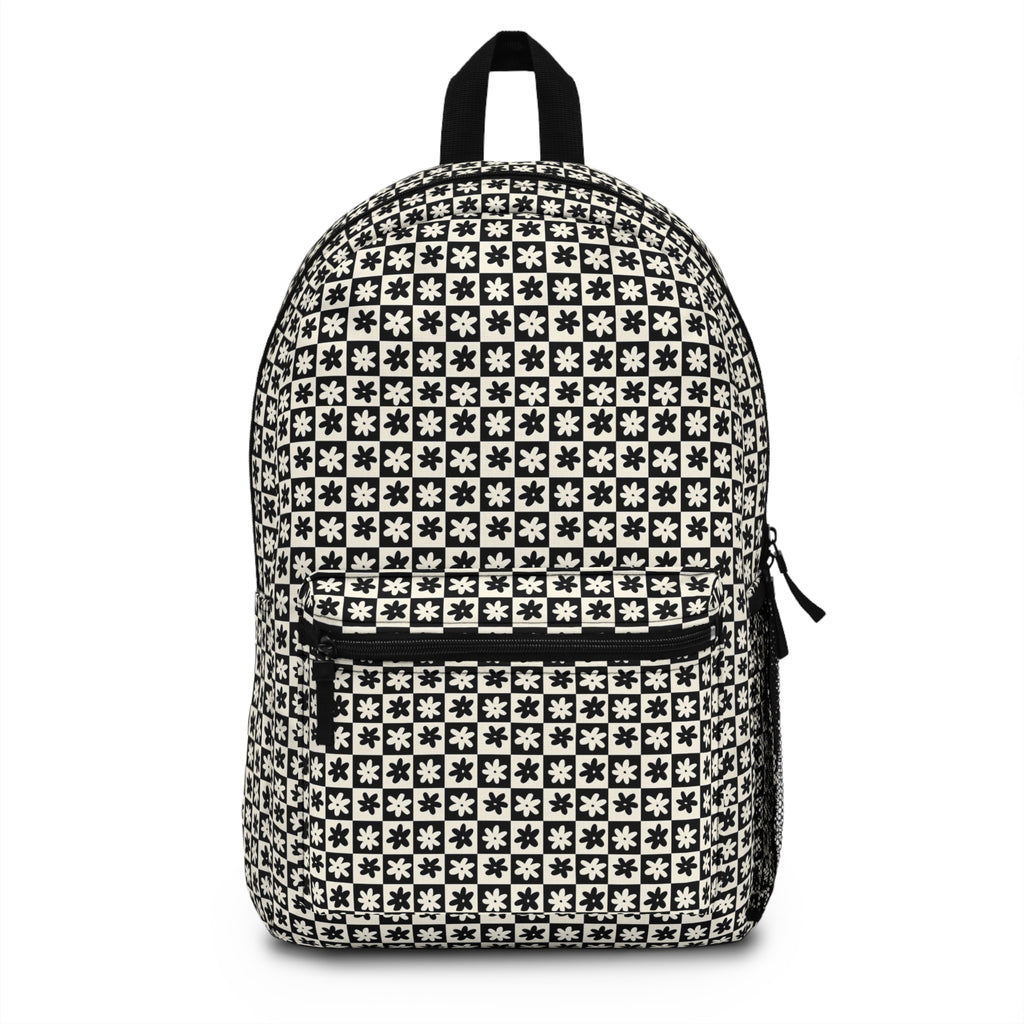 Classic Geometric Black & White Backpack — Floral Tile Pattern