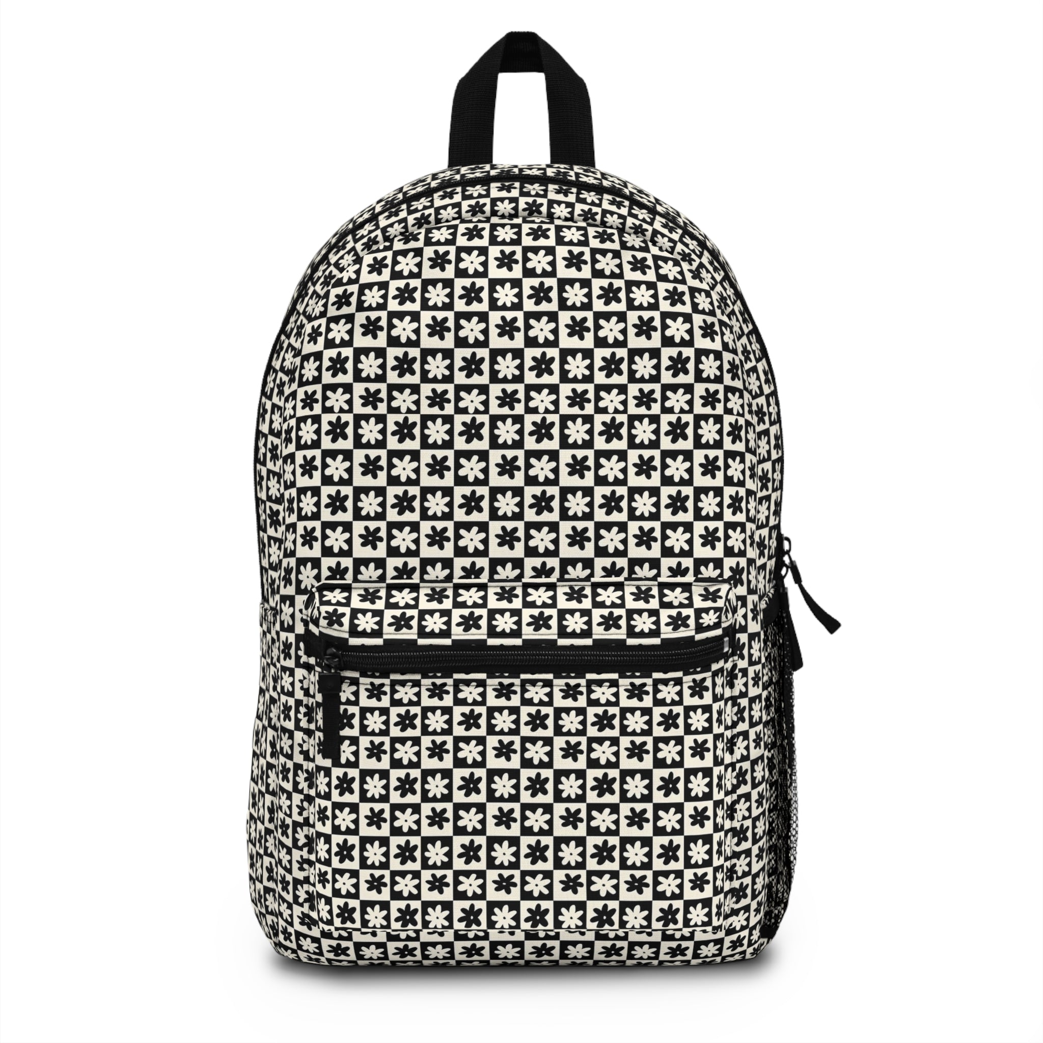 Classic Geometric Black & White Backpack — Floral Tile Pattern