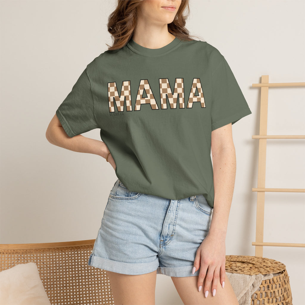 Mama Checkerboard T-Shirt | Mom Typography Tee, Neutral Plaid Letters