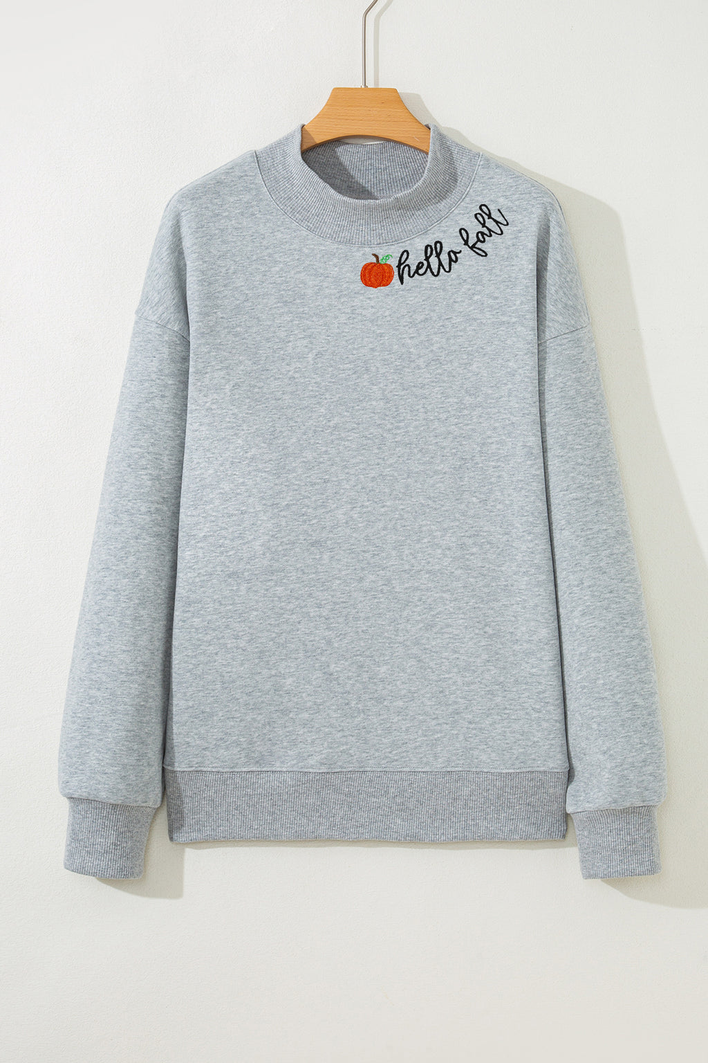 Gray hello fall Embroidered Pumpkin Detail Mock Neck Sweatshirt