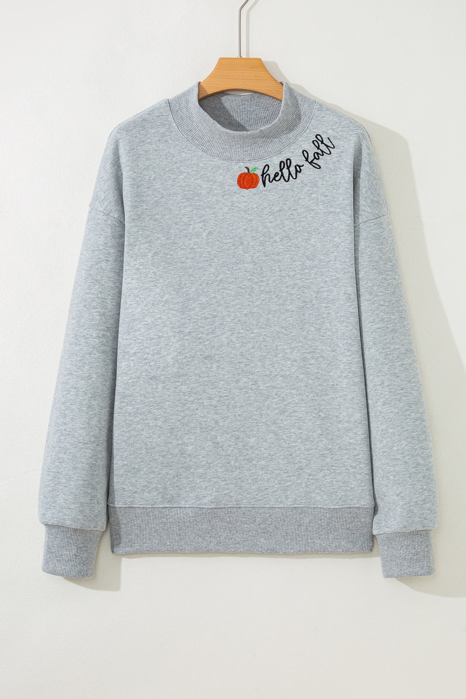 Gray hello fall Embroidered Pumpkin Detail Mock Neck Sweatshirt