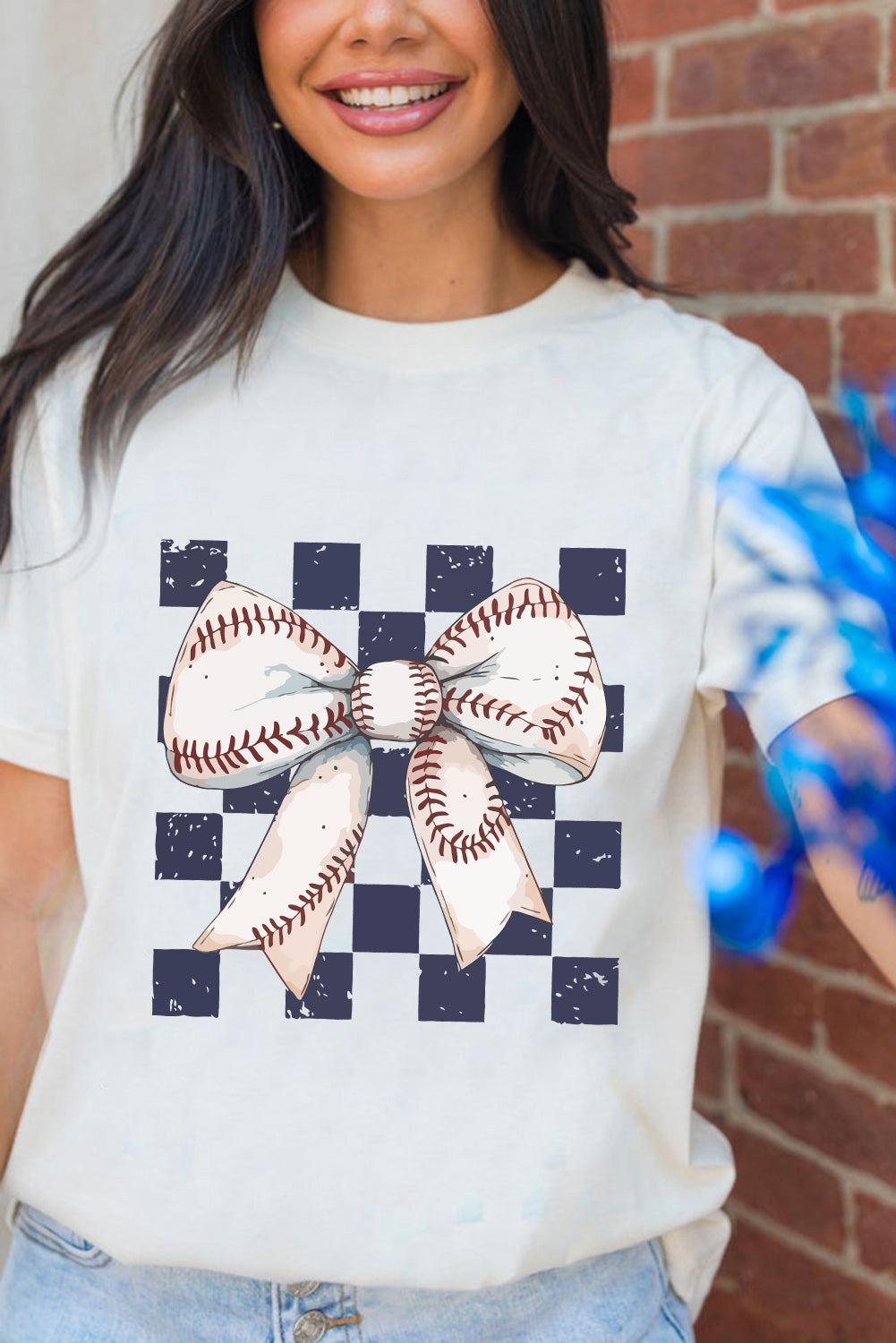 White Checkered Rugby Bowknot Graphic Crew T Shirt