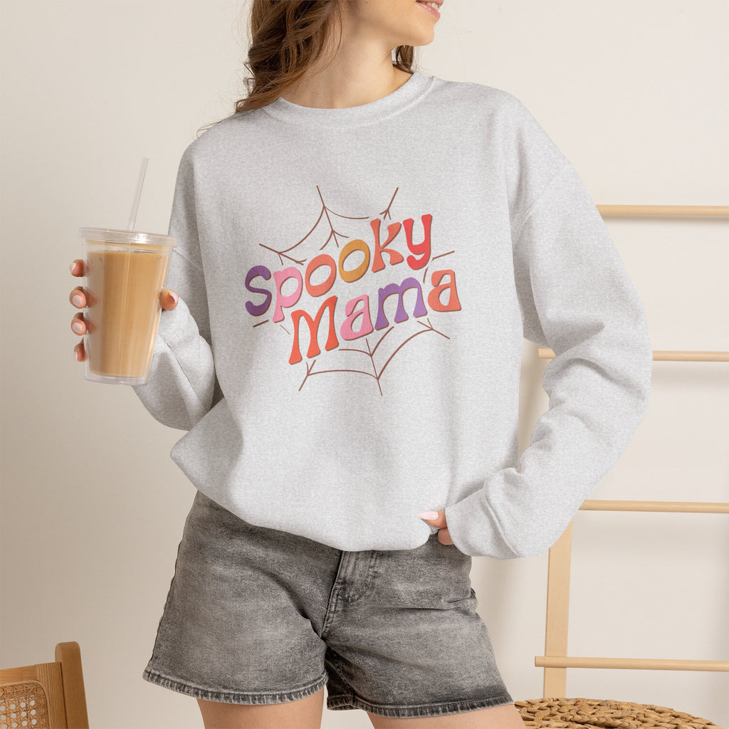 Spooky Mama Sweatshirt — Halloween Mom Crewneck with Retro Spiderweb Design