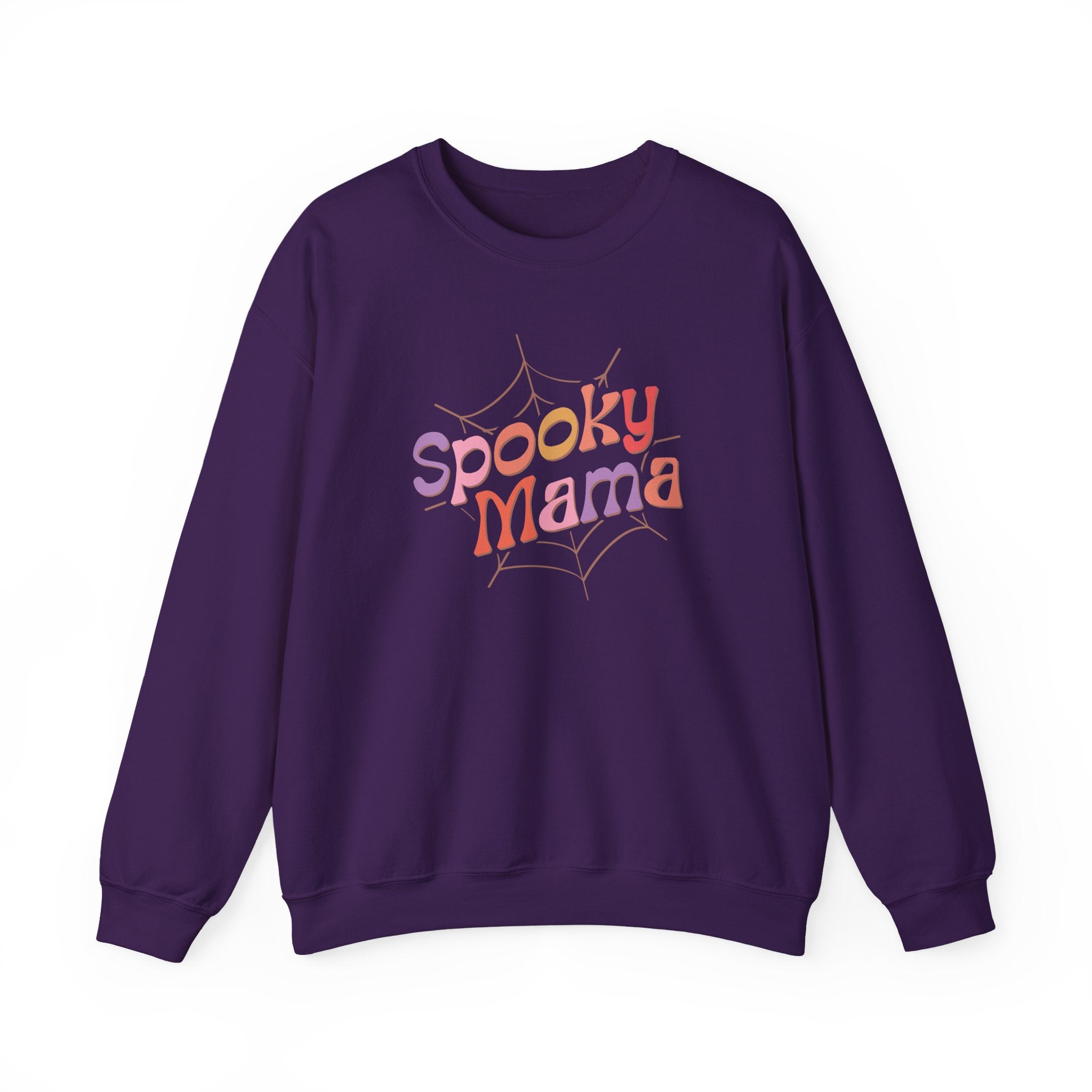 Spooky Mama Sweatshirt — Halloween Mom Crewneck with Retro Spiderweb Design