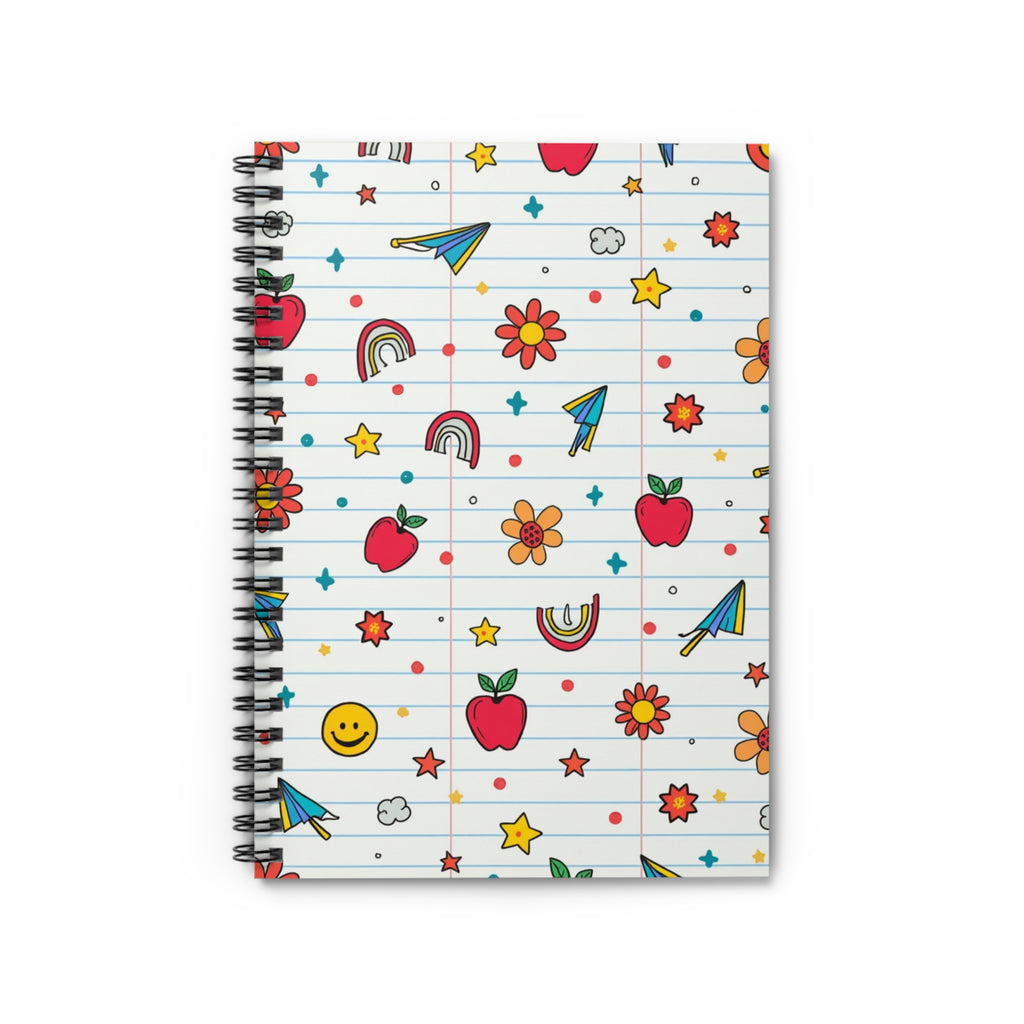 Cute Doodle Spiral Notebook — Lined School Journal with Apples, Rainbows & Paper Planes