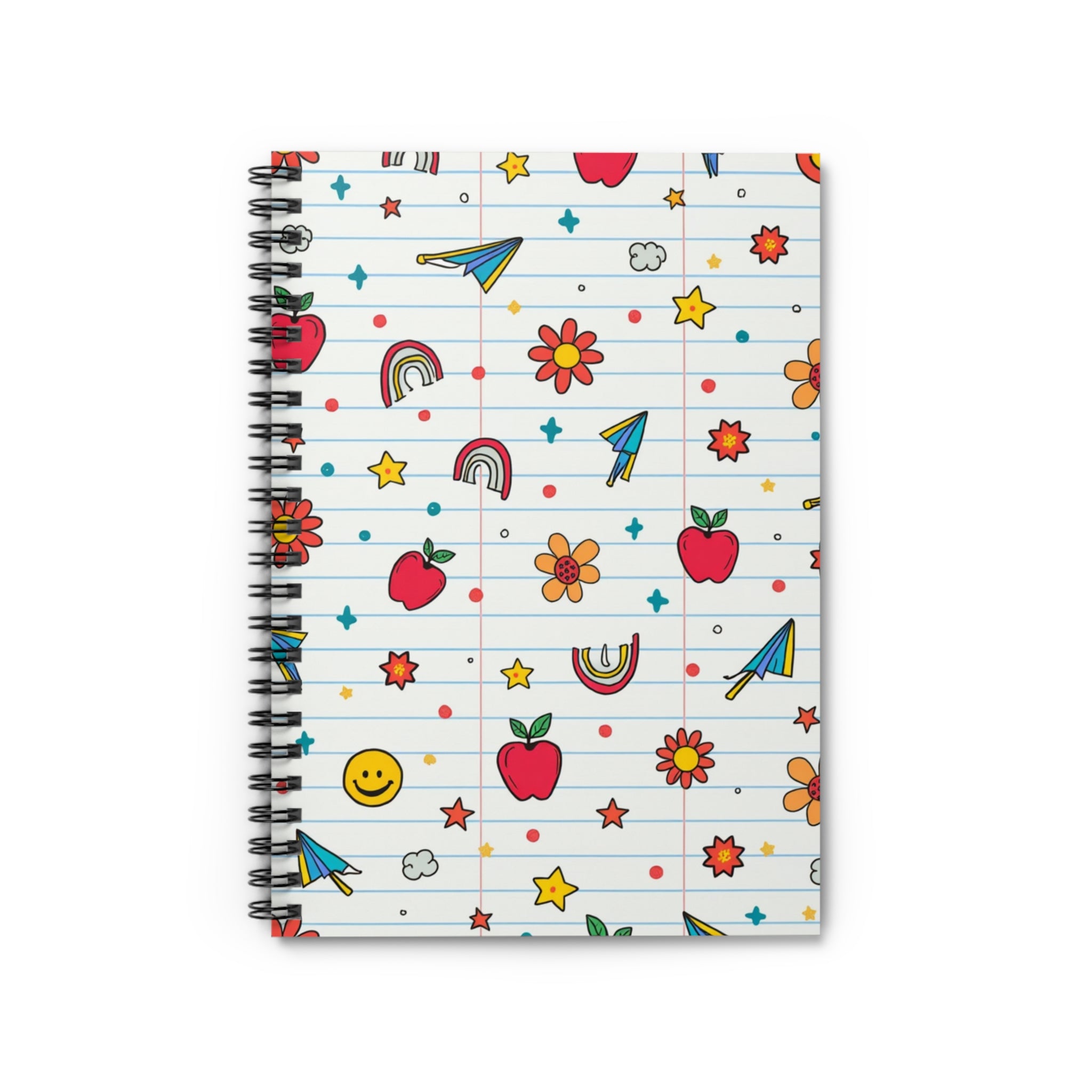 Cute Doodle Spiral Notebook — Lined School Journal with Apples, Rainbows & Paper Planes