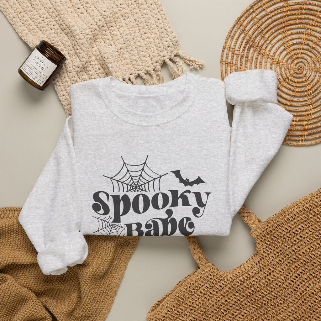 Spooky Babe Sweatshirt — Halloween Spiderweb & Bat Graphic Crewneck
