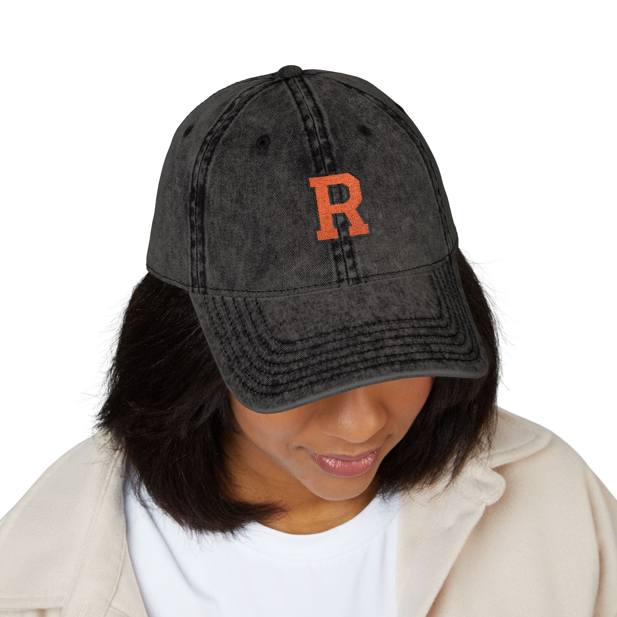 Vintage Embroidered Baseball Cap — Distressed Gray with Orange Letter R