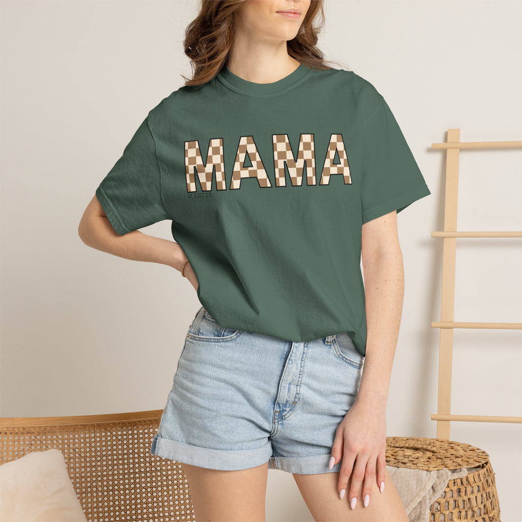 Mama Checkerboard T-Shirt | Mom Typography Tee, Neutral Plaid Letters