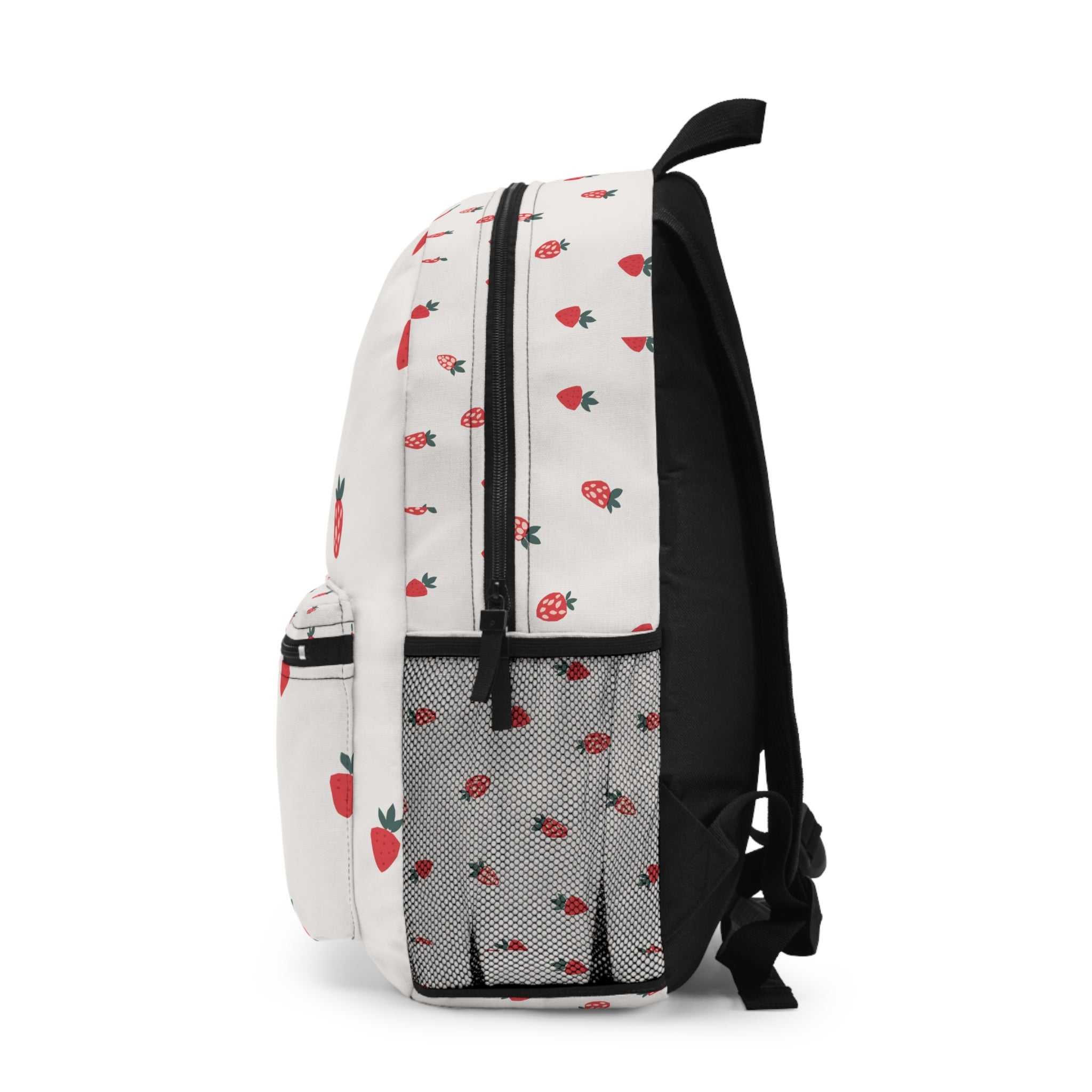Strawberry Pattern Backpack — Cute White Fruit Print School Bag