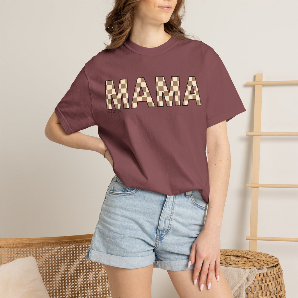 Mama Checkerboard T-Shirt | Mom Typography Tee, Neutral Plaid Letters