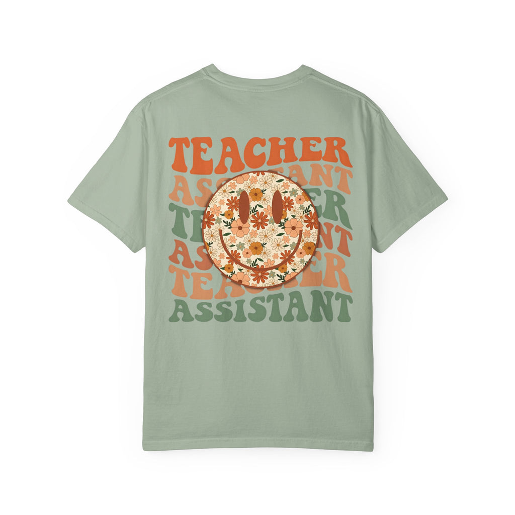Teacher Assistant Floral Smiley T-Shirt | Retro Typography, Fall Colors