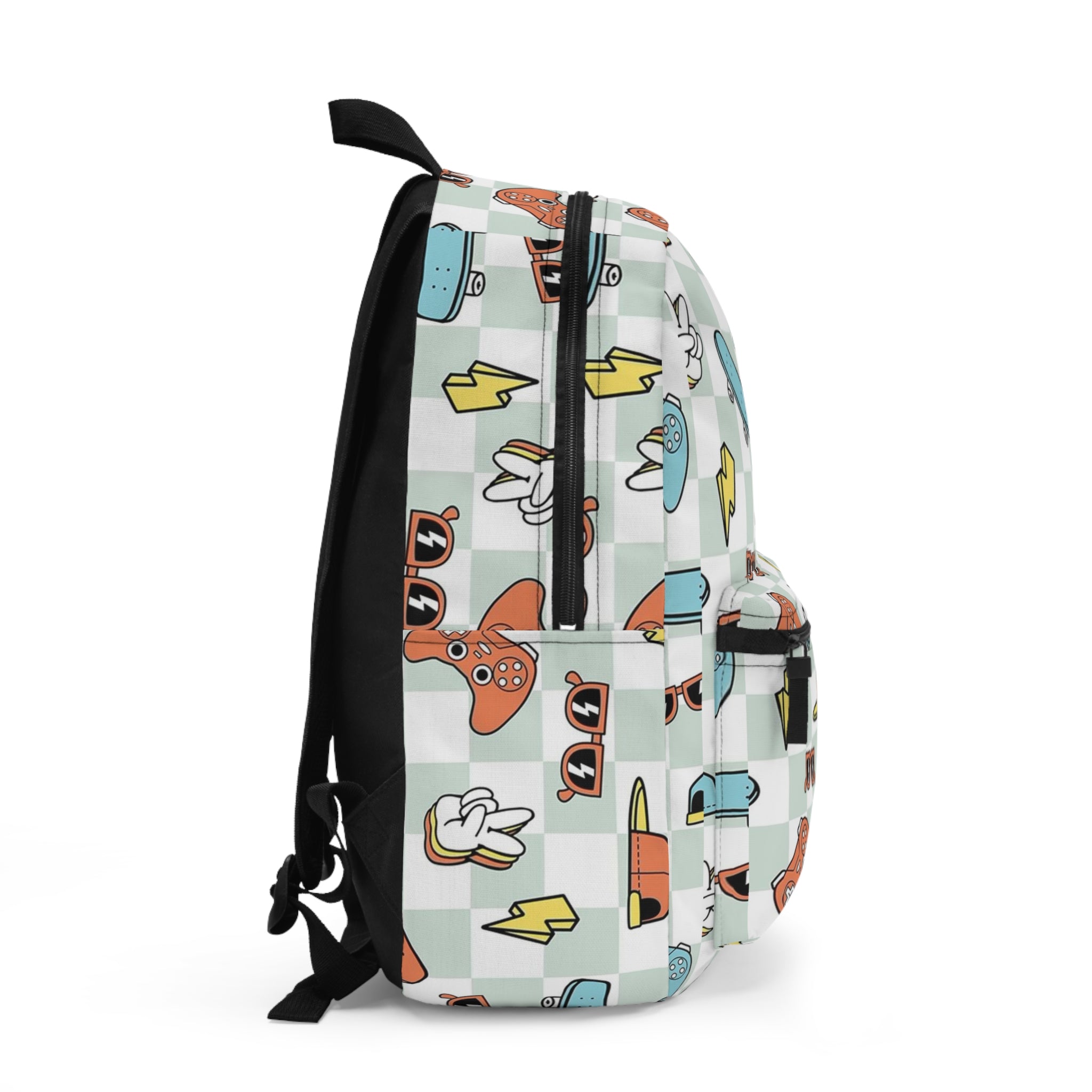 Youth Skate & Game Pattern Backpack — Retro Skateboards, Controllers & Sunglasses Print