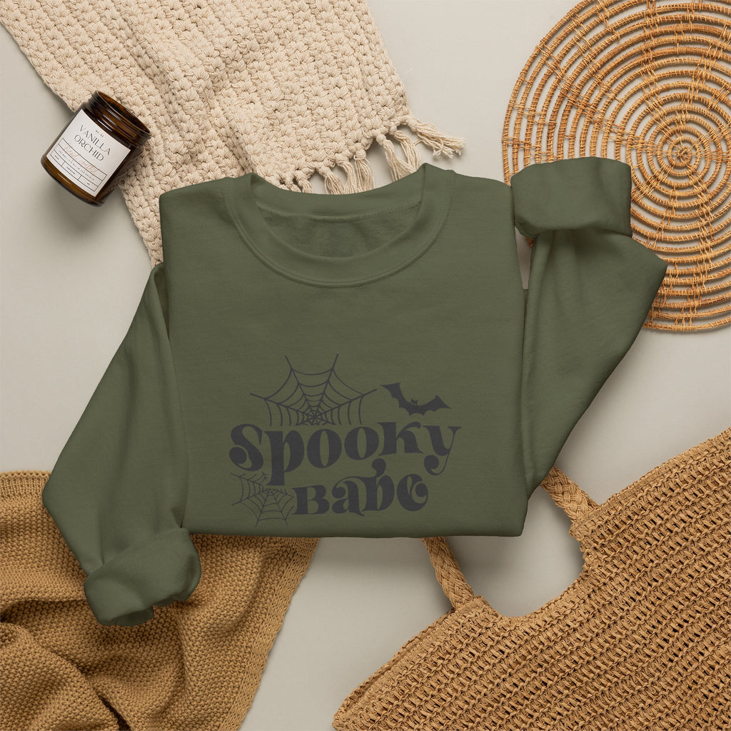 Spooky Babe Crewneck Sweatshirt — Halloween Spiderweb & Bat Graphic