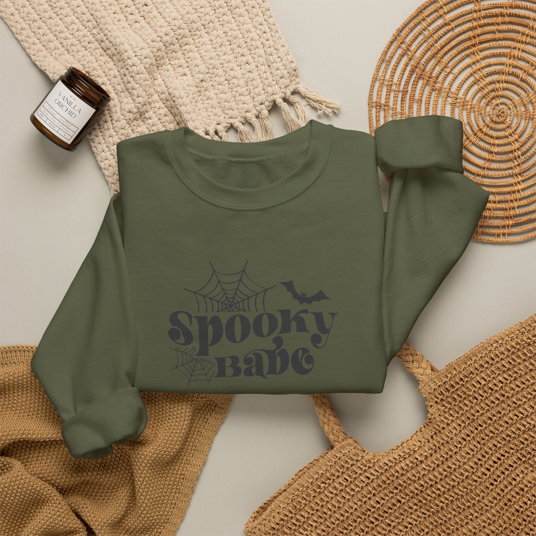 Spooky Babe Crewneck Sweatshirt — Halloween Spiderweb & Bat Graphic