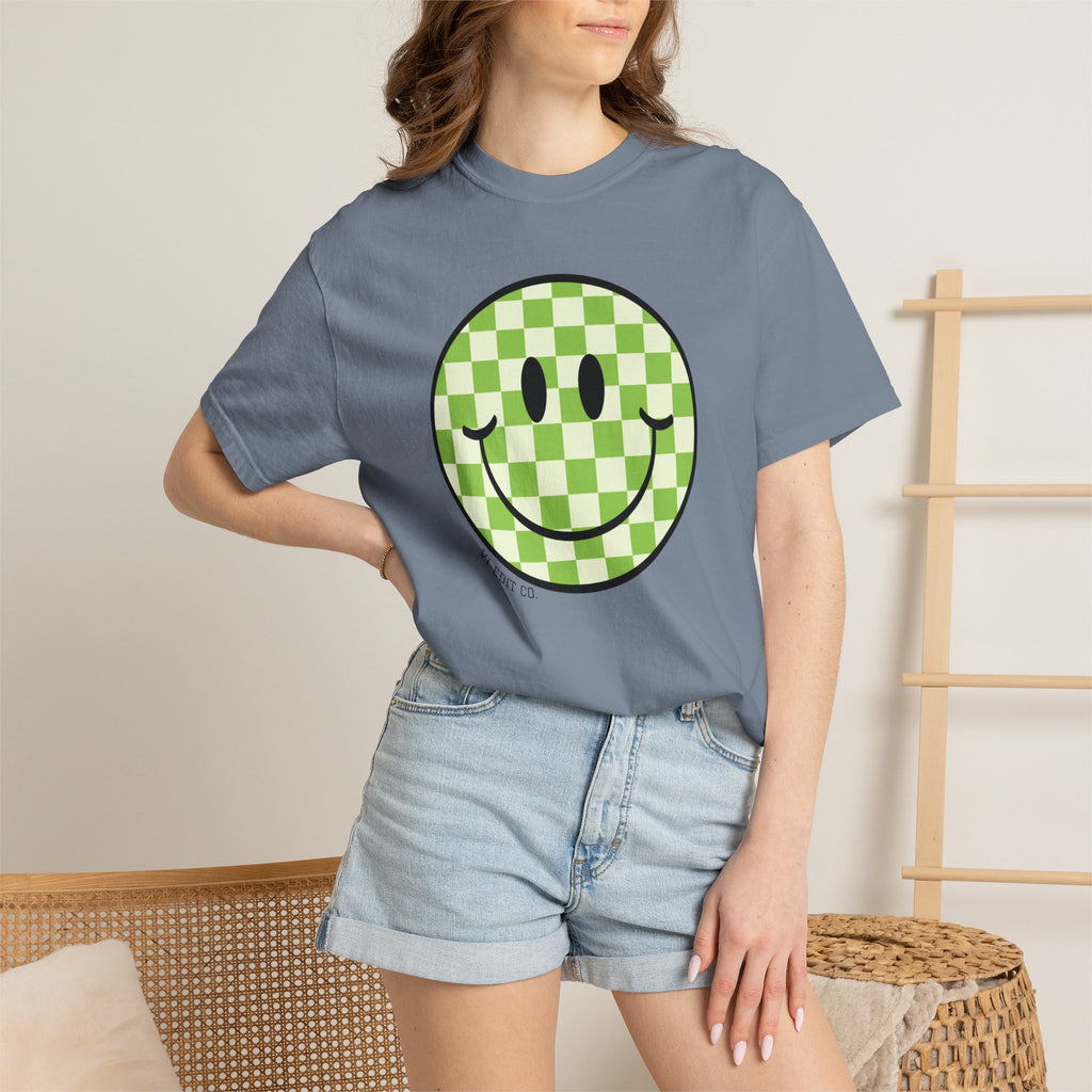 Green Checker Smiley Face T-shirt | Text Back "Just A Mama Who Loves Her Babes"