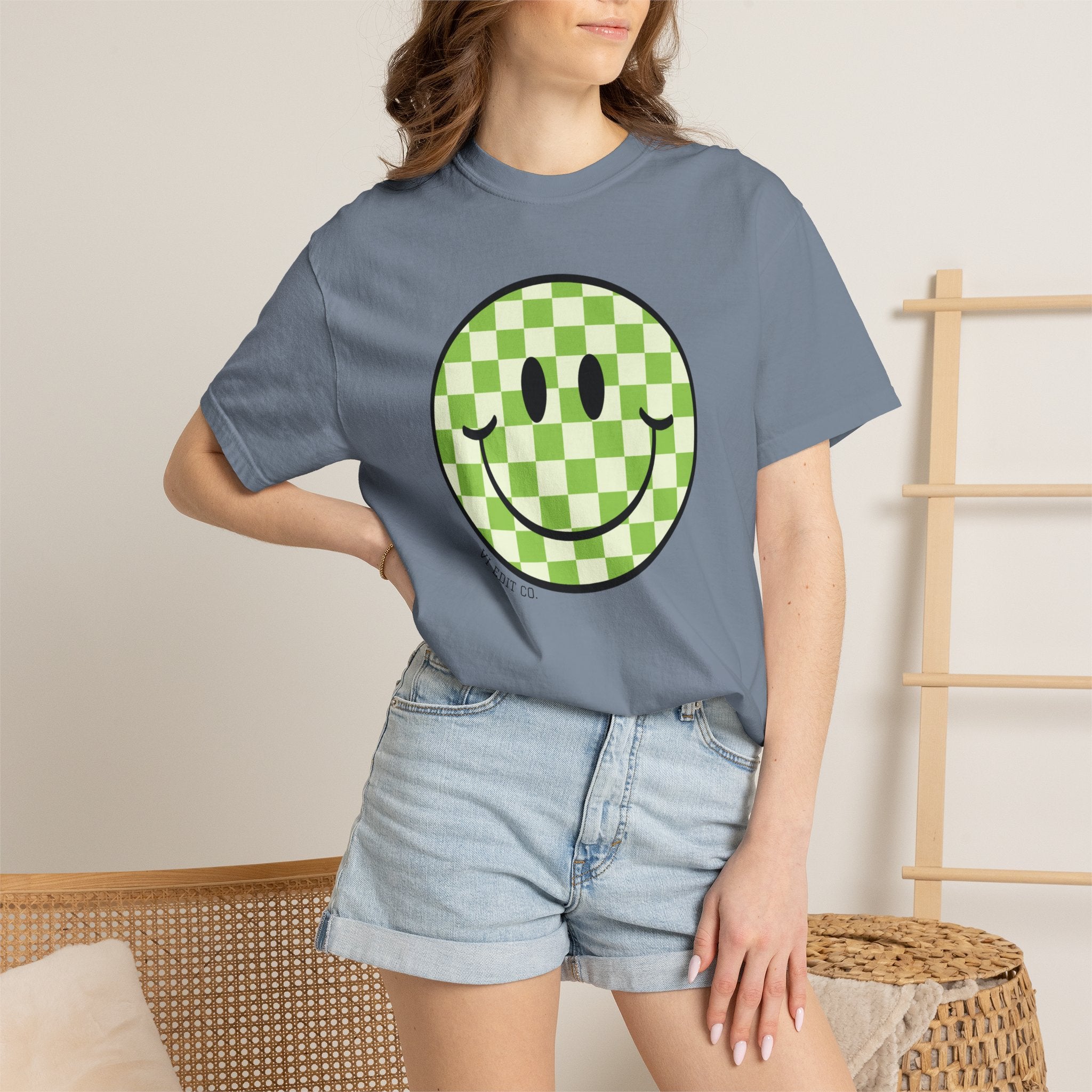 Green Checker Smiley Face T-shirt | Text Back "Just A Mama Who Loves Her Babes"