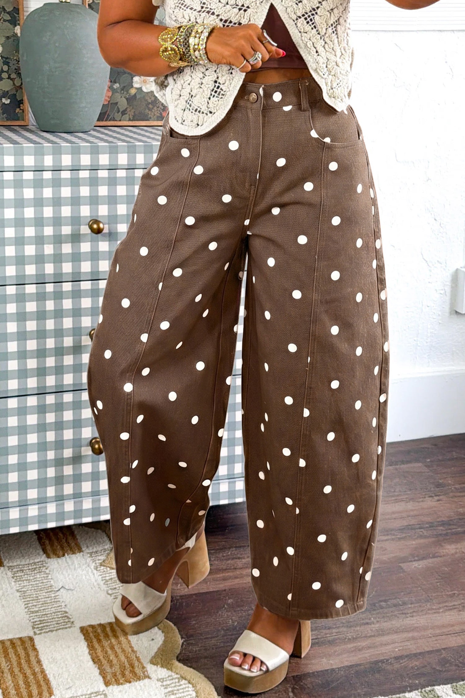 Blue Tailored Seam Polka Dot Print Barrel Casual Jeans