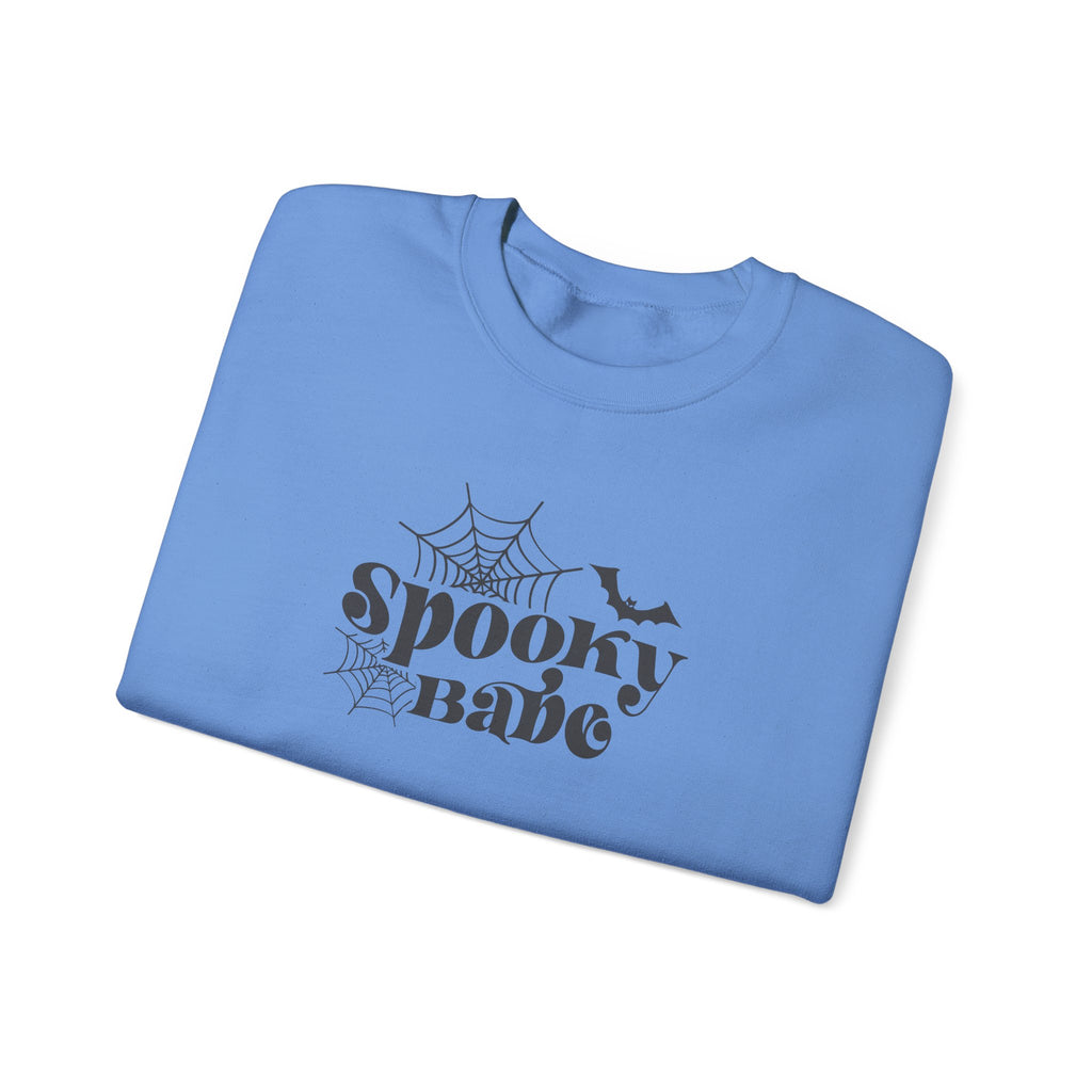 Spooky Babe Crewneck Sweatshirt — Halloween Spiderweb & Bat Graphic