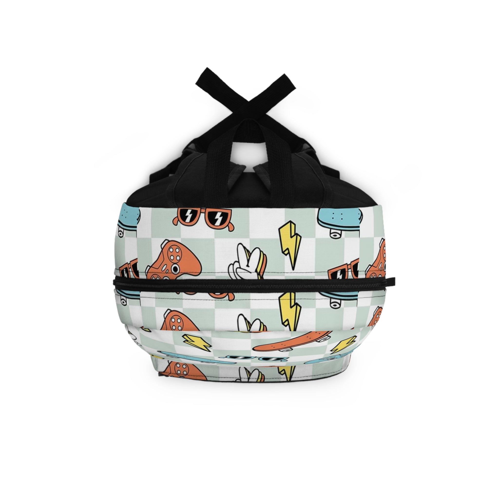 Youth Skate & Game Pattern Backpack — Retro Skateboards, Controllers & Sunglasses Print
