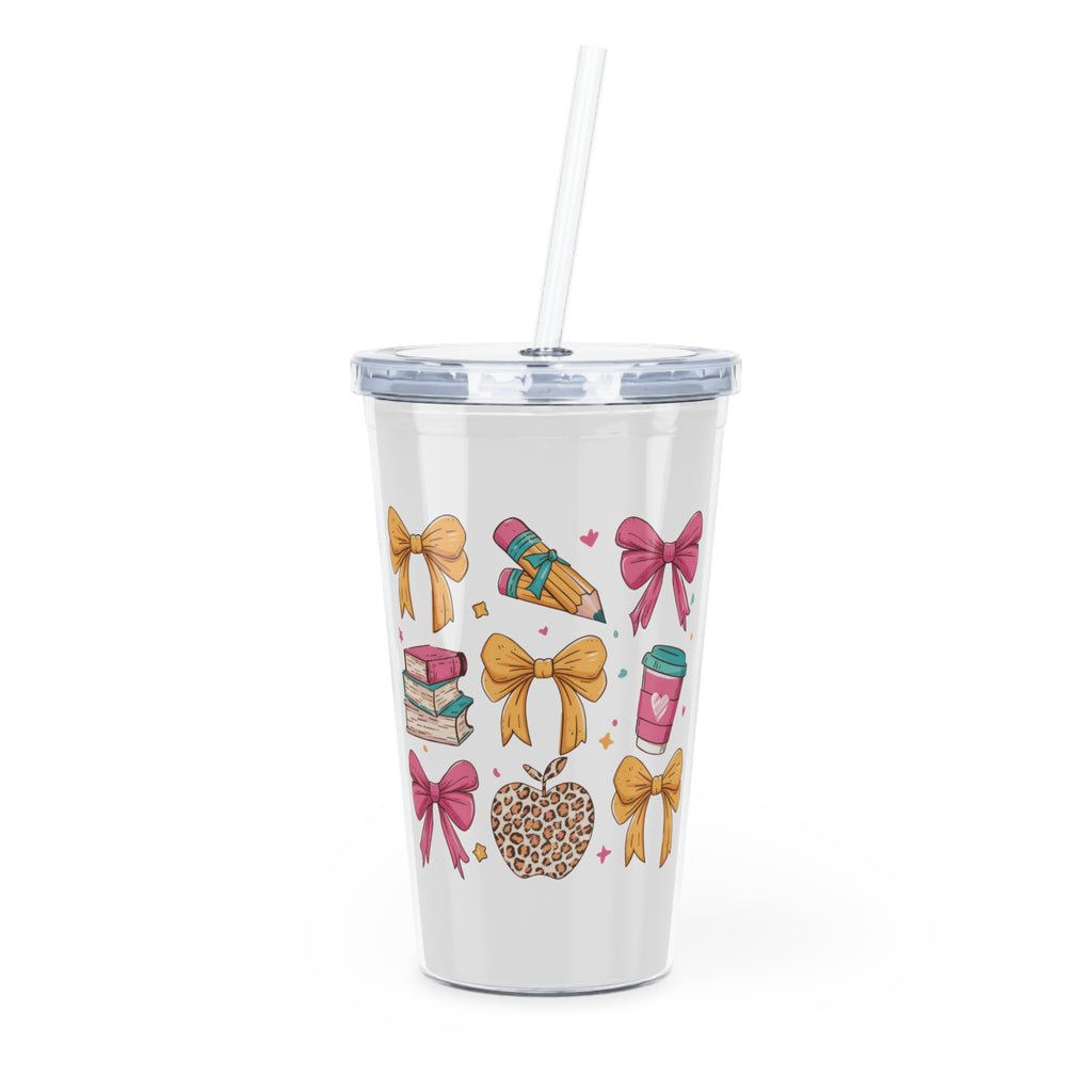 Teacher Life Plastic Tumbler with Straw — Books, Apple & Coffee Bow Tie Design