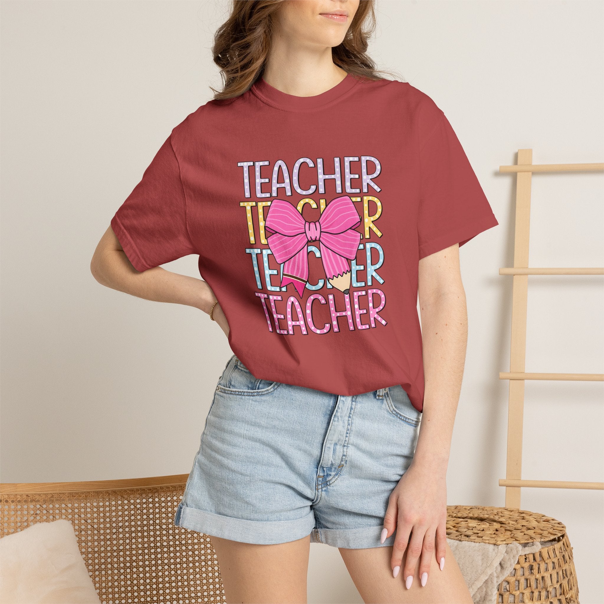 Teacher Stack with Pink Bow T-shirt | Teacher Typography Shirt