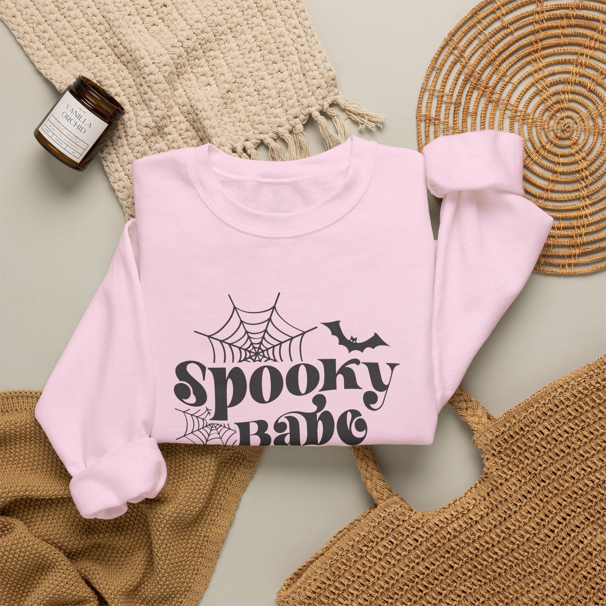 Spooky Babe Sweatshirt — Halloween Spiderweb & Bat Graphic Crewneck