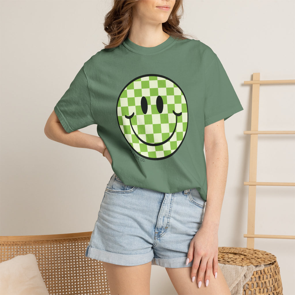 Green Checker Smiley Face T-shirt | Text Back "Just A Mama Who Loves Her Babes"
