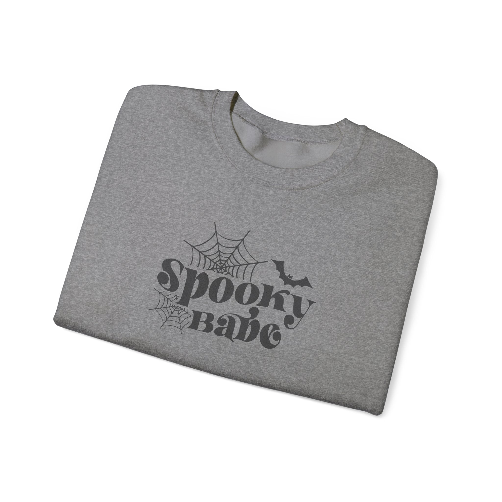 Spooky Babe Crewneck Sweatshirt — Halloween Spiderweb & Bat Graphic