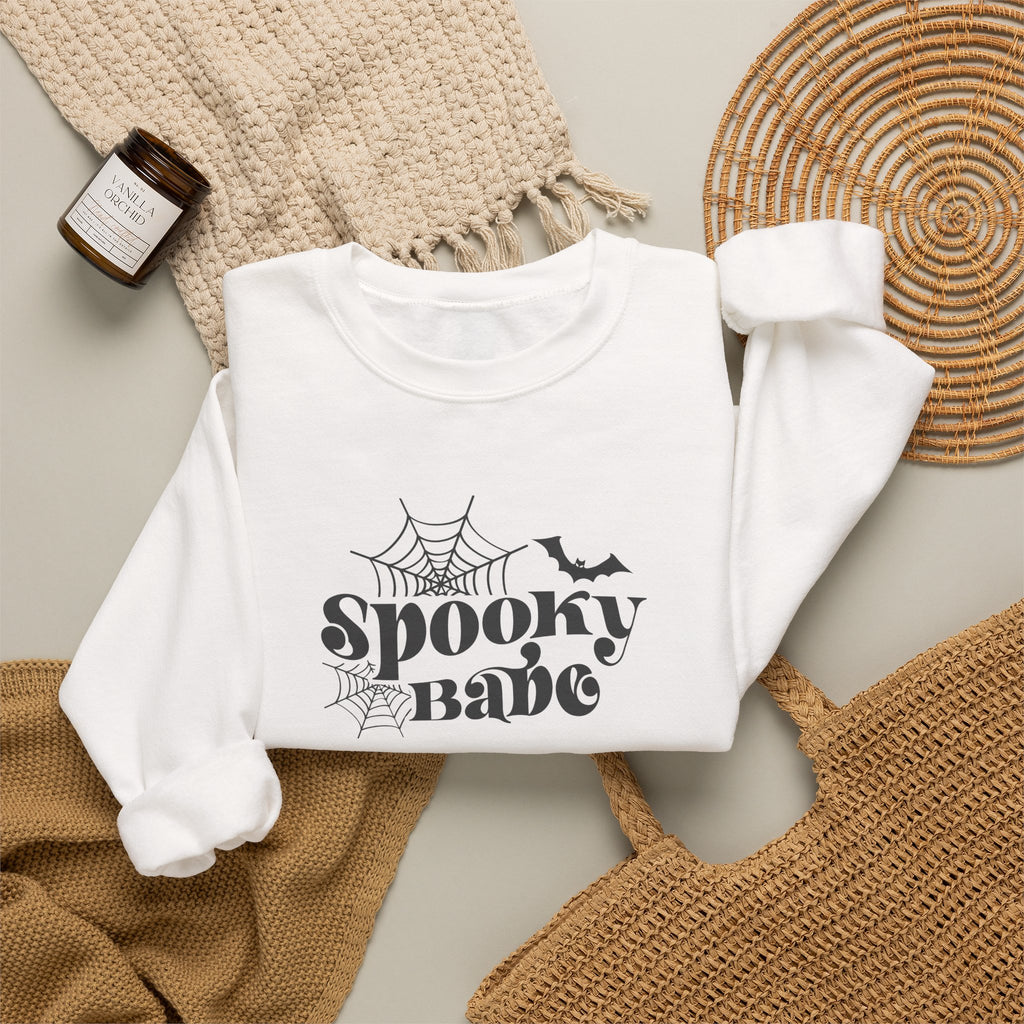 Spooky Babe Crewneck Sweatshirt — Halloween Spiderweb & Bat Graphic