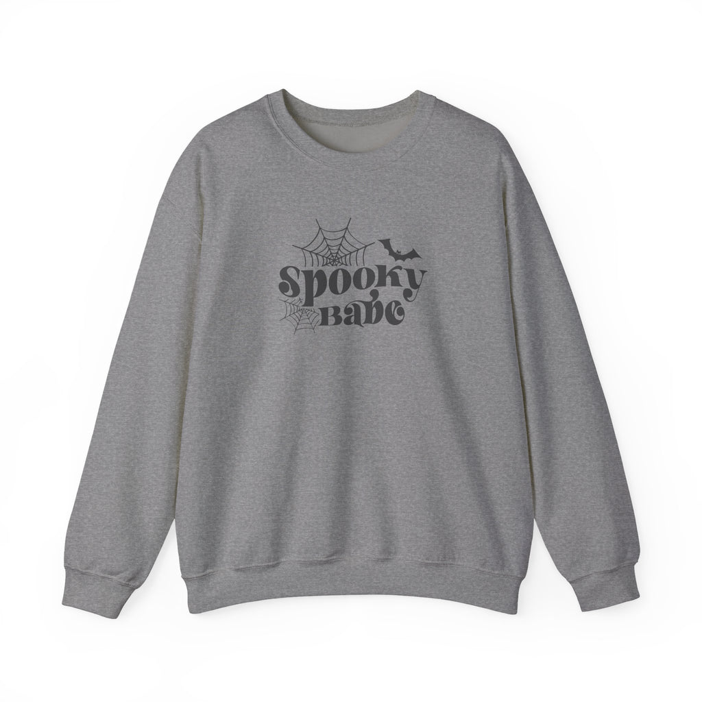 Spooky Babe Crewneck Sweatshirt — Halloween Spiderweb & Bat Graphic