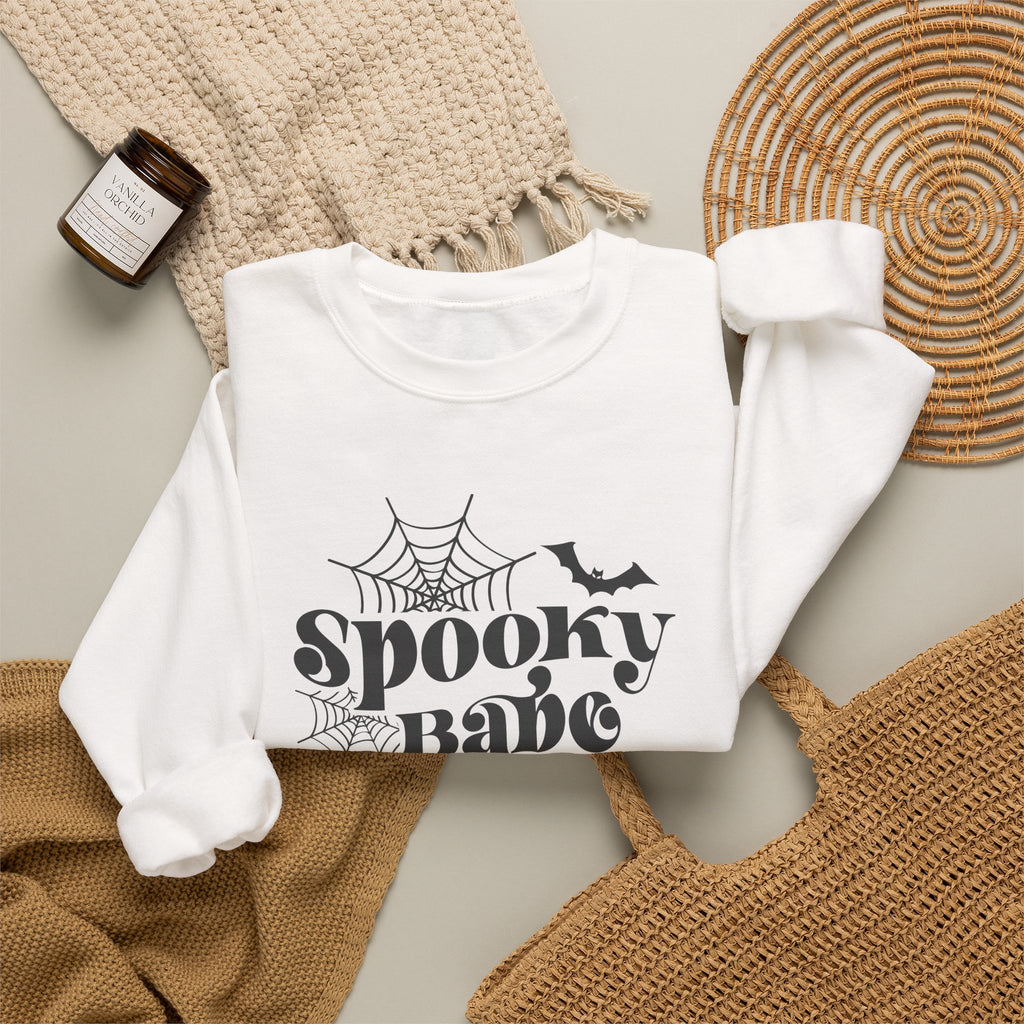 Spooky Babe Sweatshirt — Halloween Spiderweb & Bat Graphic Crewneck