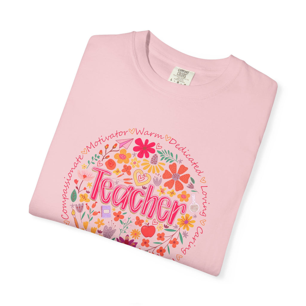 Teacher Floral Circle T-Shirt | Handlettered Teacher Typography, Bright Flower Design