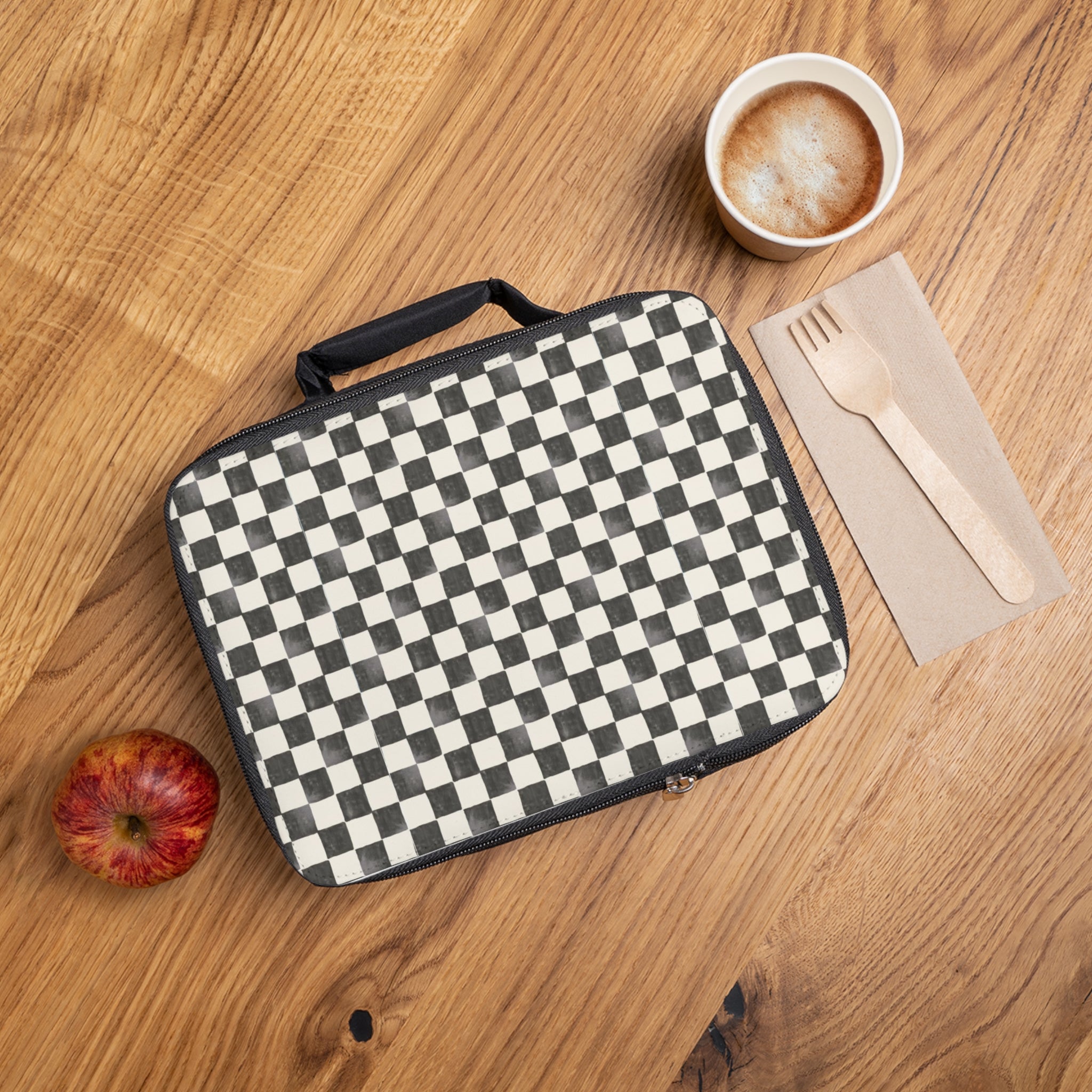Checkerboard Lunch Bag — Black White Retro Grid Insulated Tote