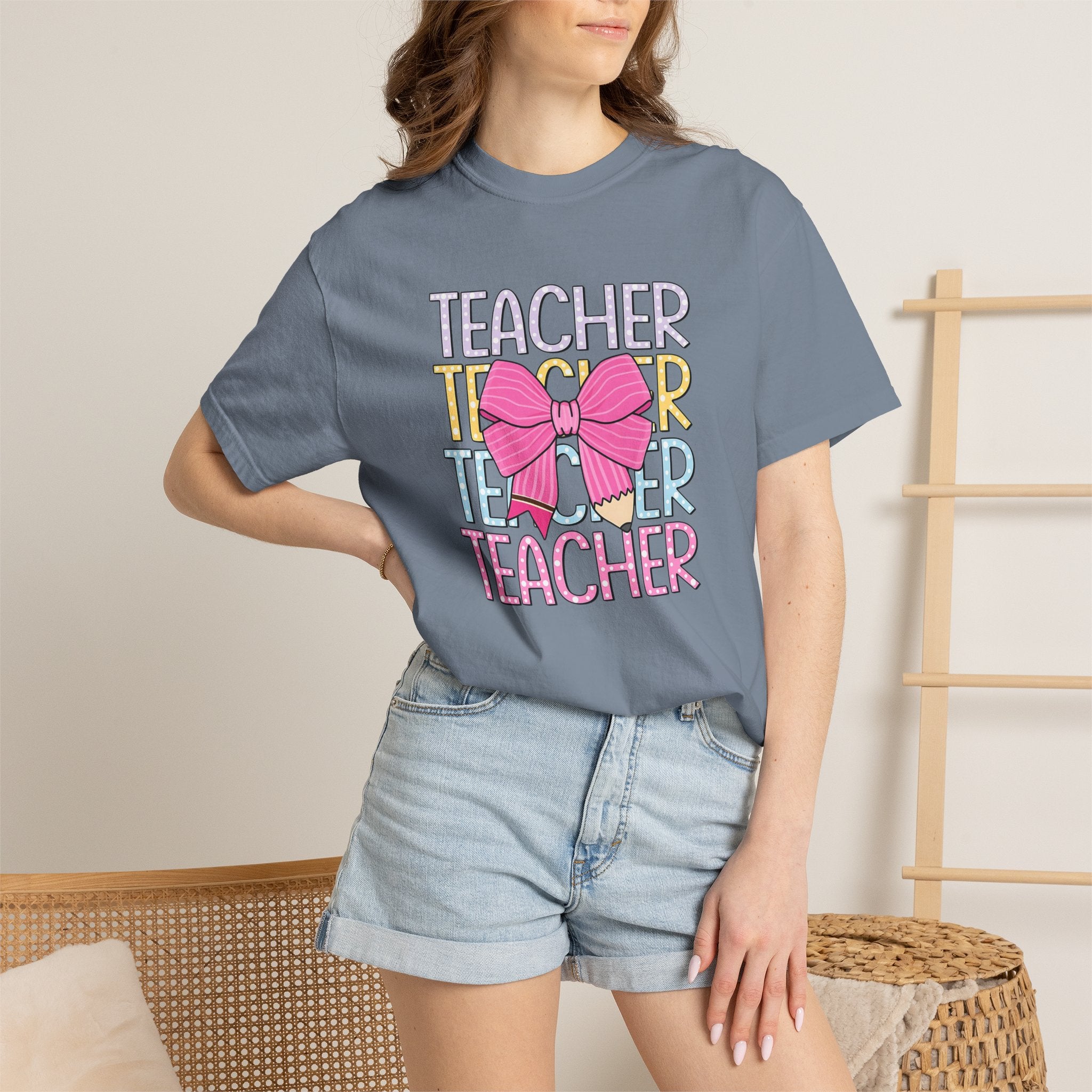 Teacher Stack with Pink Bow T-shirt | Teacher Typography Shirt