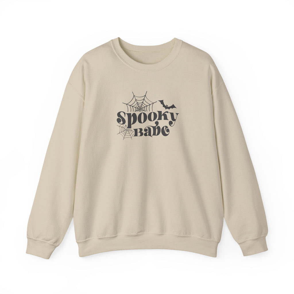 Spooky Babe Crewneck Sweatshirt — Halloween Spiderweb & Bat Graphic