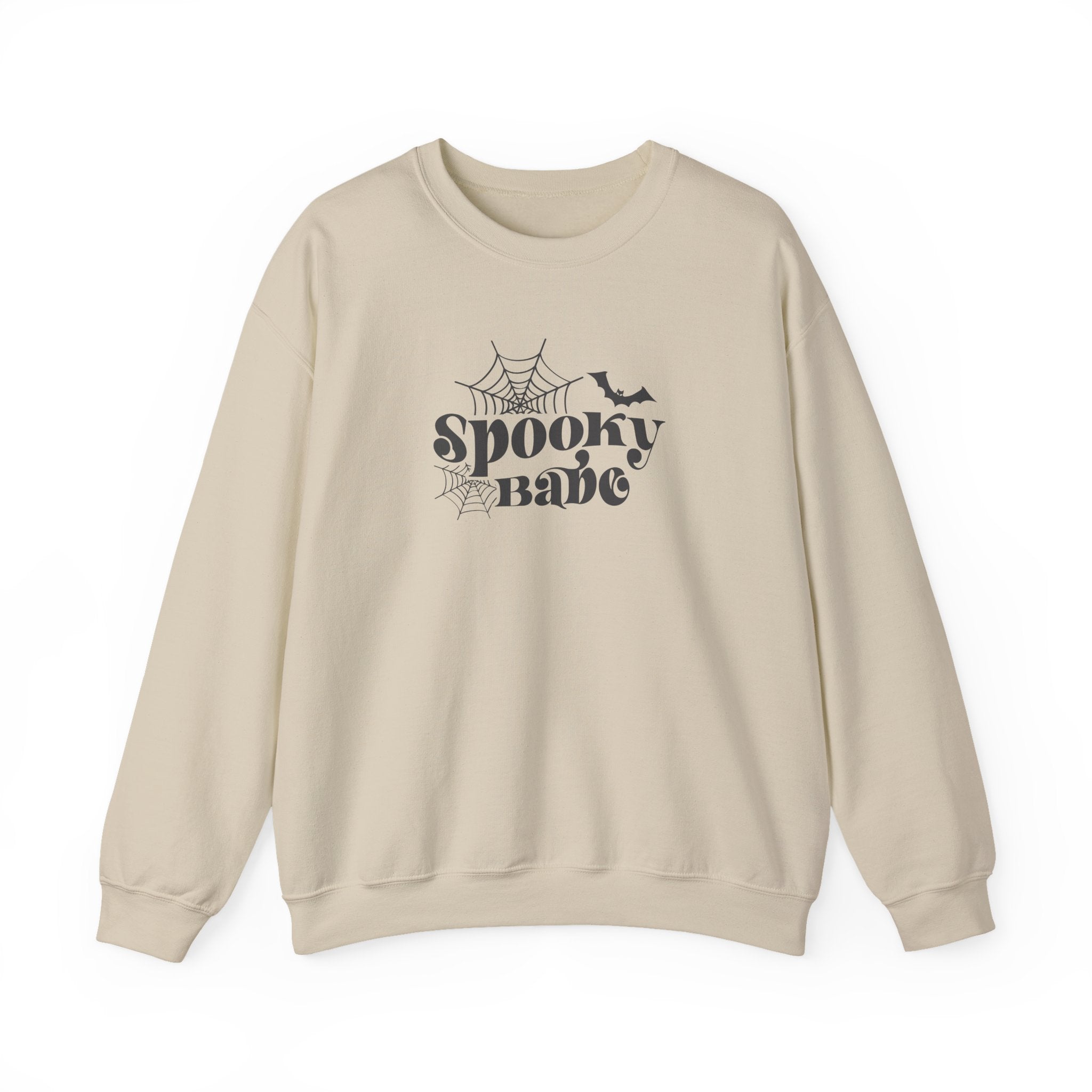 Spooky Babe Crewneck Sweatshirt — Halloween Spiderweb & Bat Graphic