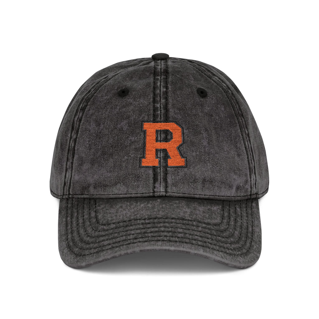 Vintage Embroidered Baseball Cap — Distressed Gray with Orange Letter R