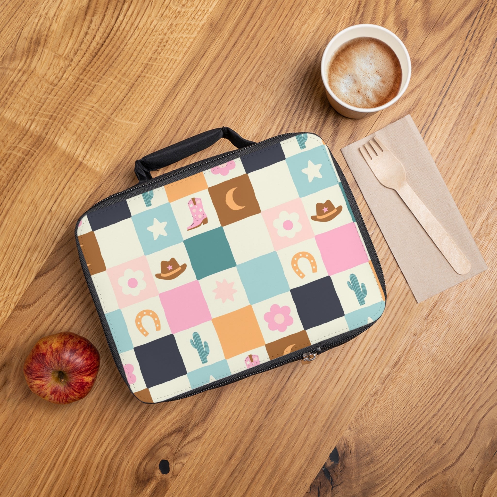 Western Patchwork Lunch Bag — Cowgirl Boots, Hats & Cactus Pattern