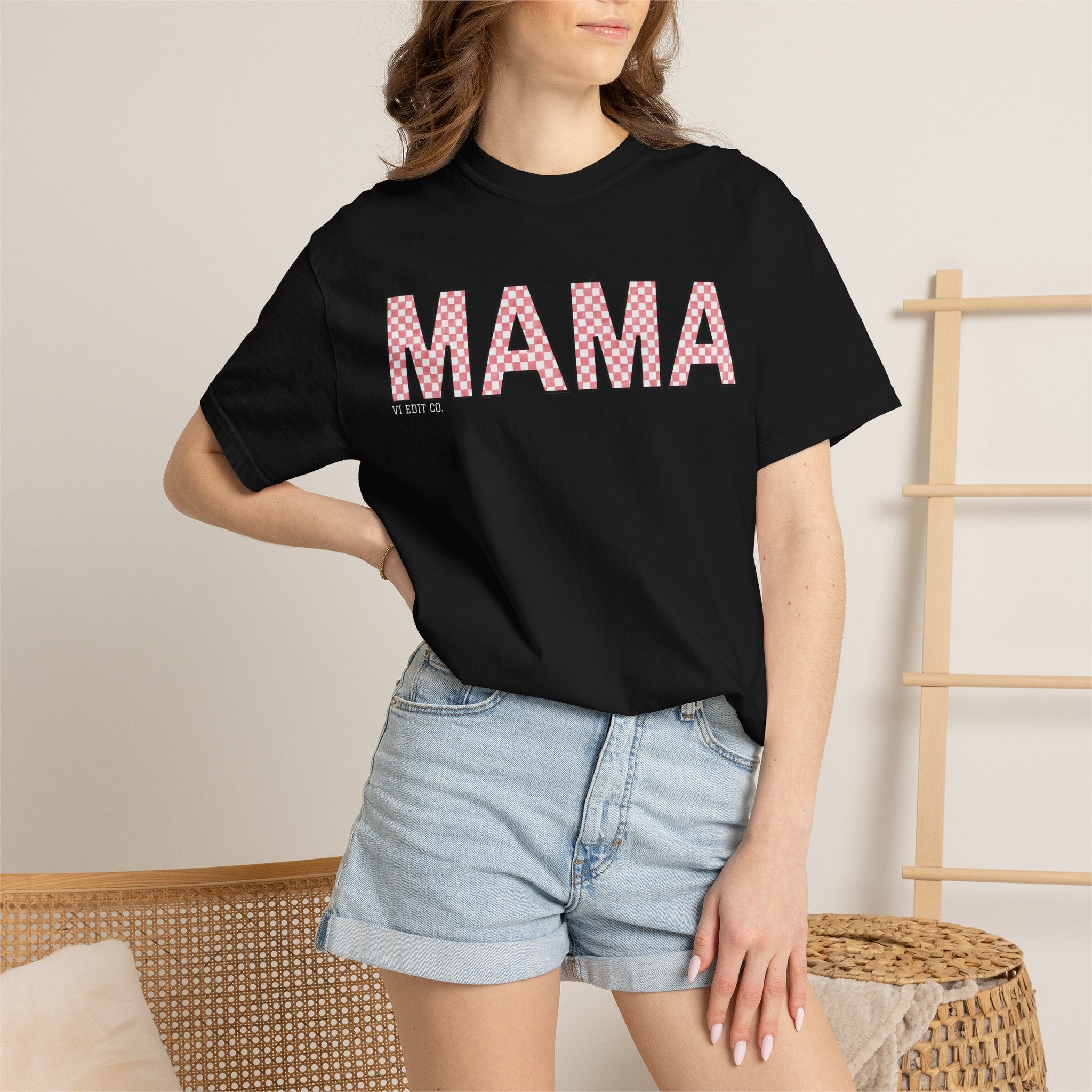 Mama Checkered Letters T-Shirt | Pink Plaid Typography Tee