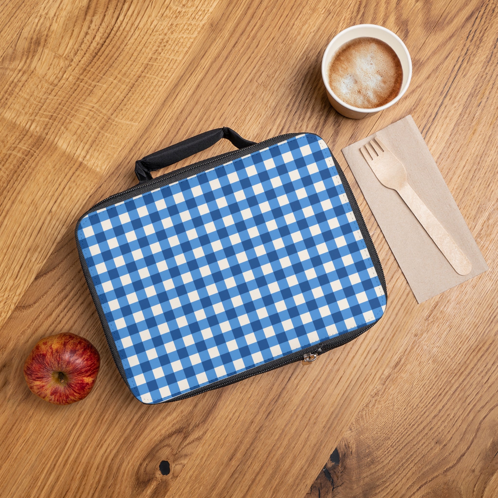 Blue Gingham Lunch Bag — Insulated Plaid Bento Tote for Kids & Adults