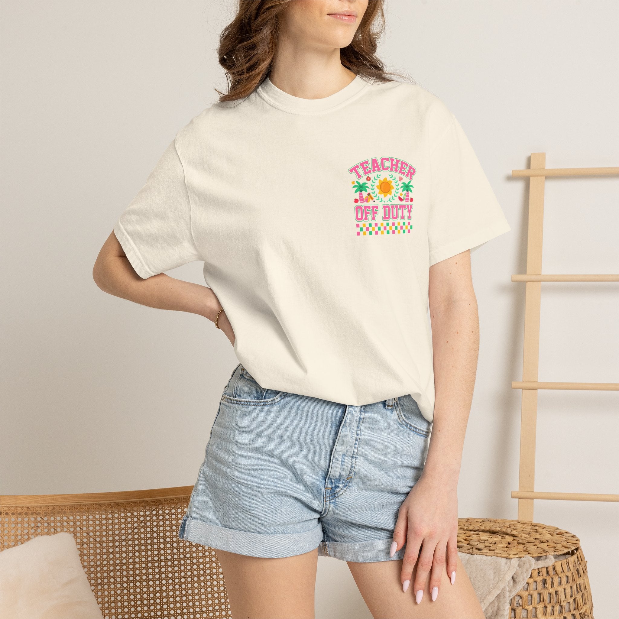Teacher Off Duty T-Shirt | Beach Sun Palm Trees Retro Checkerboard