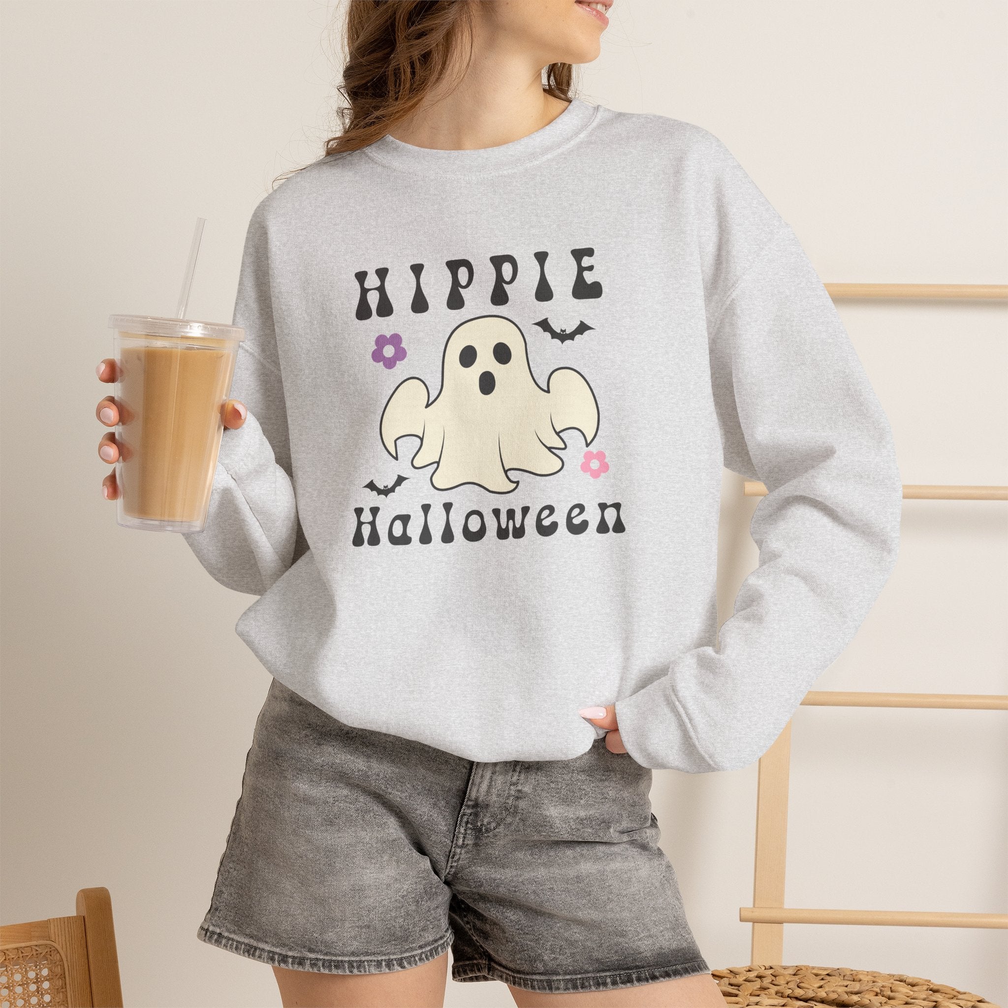 Hippie Halloween Crewneck Sweatshirt — Cute Retro Ghost Graphic