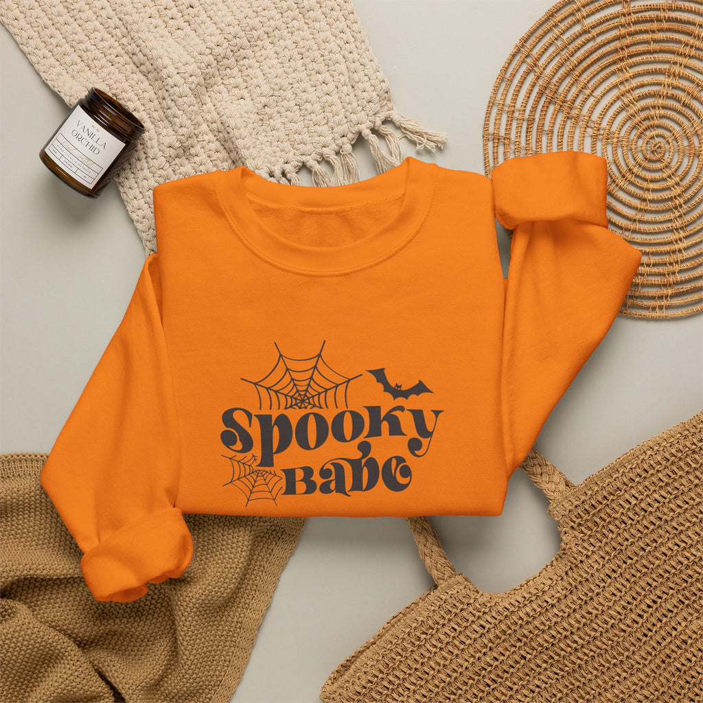 Spooky Babe Crewneck Sweatshirt — Halloween Spiderweb & Bat Graphic