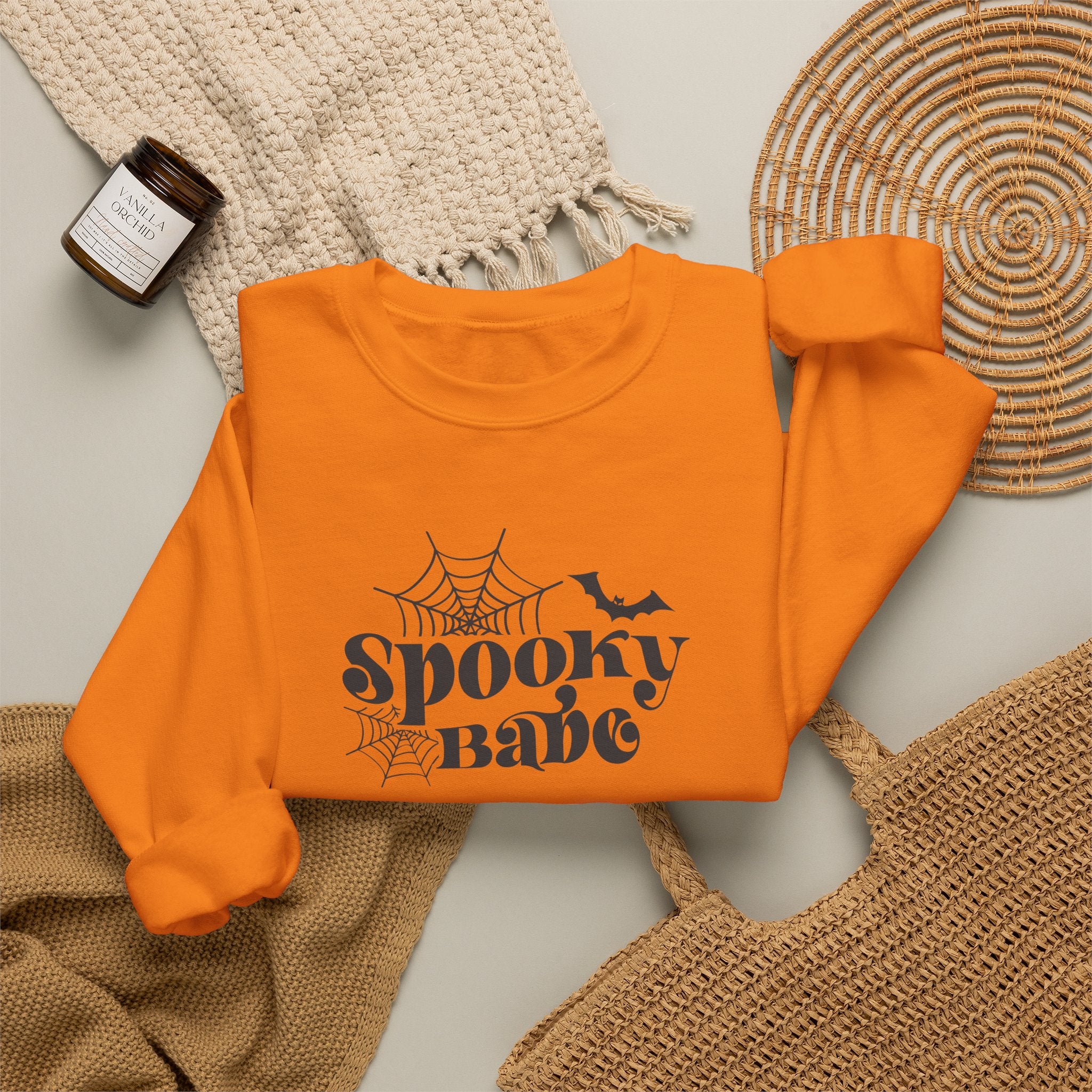 Spooky Babe Crewneck Sweatshirt — Halloween Spiderweb & Bat Graphic